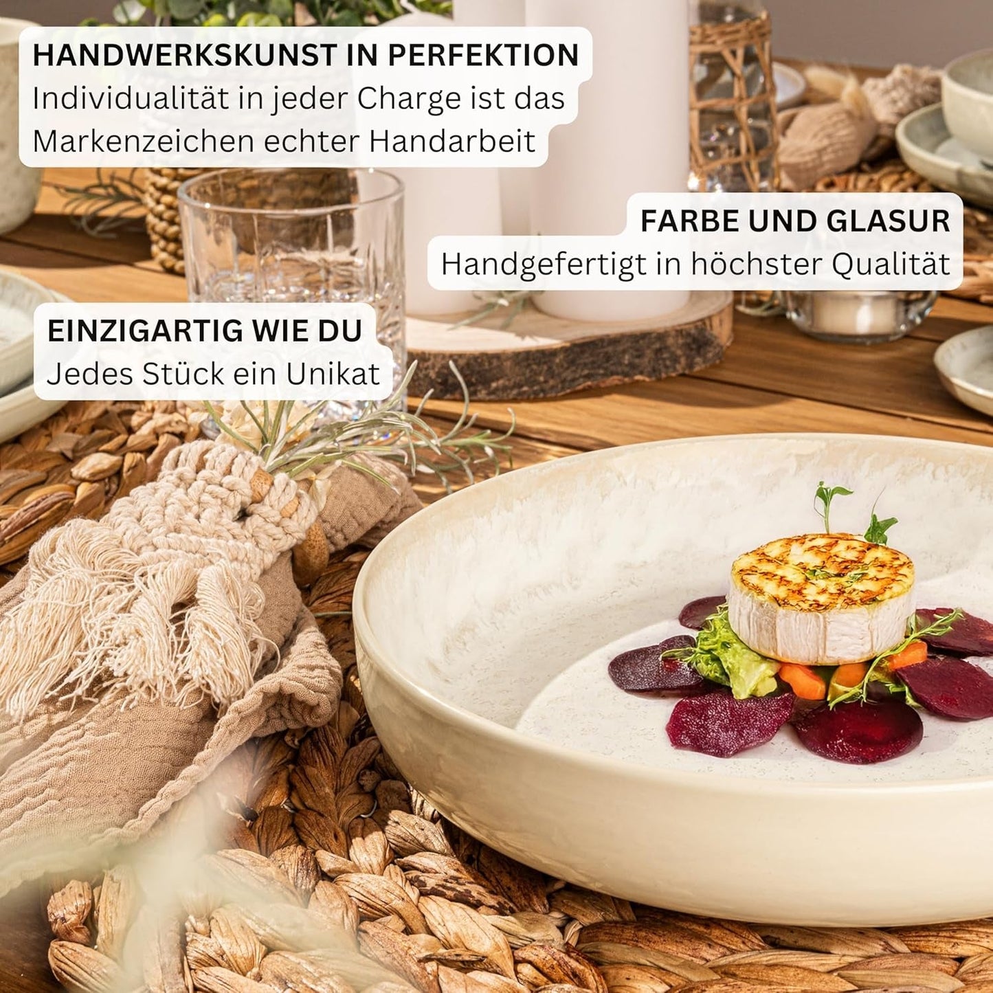 SÄNGER Cayo Hueso | Juego de vajilla de gres Juego de platos llanos de 24 piezas para 6 6 platos llanos Tazones de cereales Platos de postre Tazones de pasta Vajilla color crema con textura arenosa | LA COLECCIÓN DE VALOR