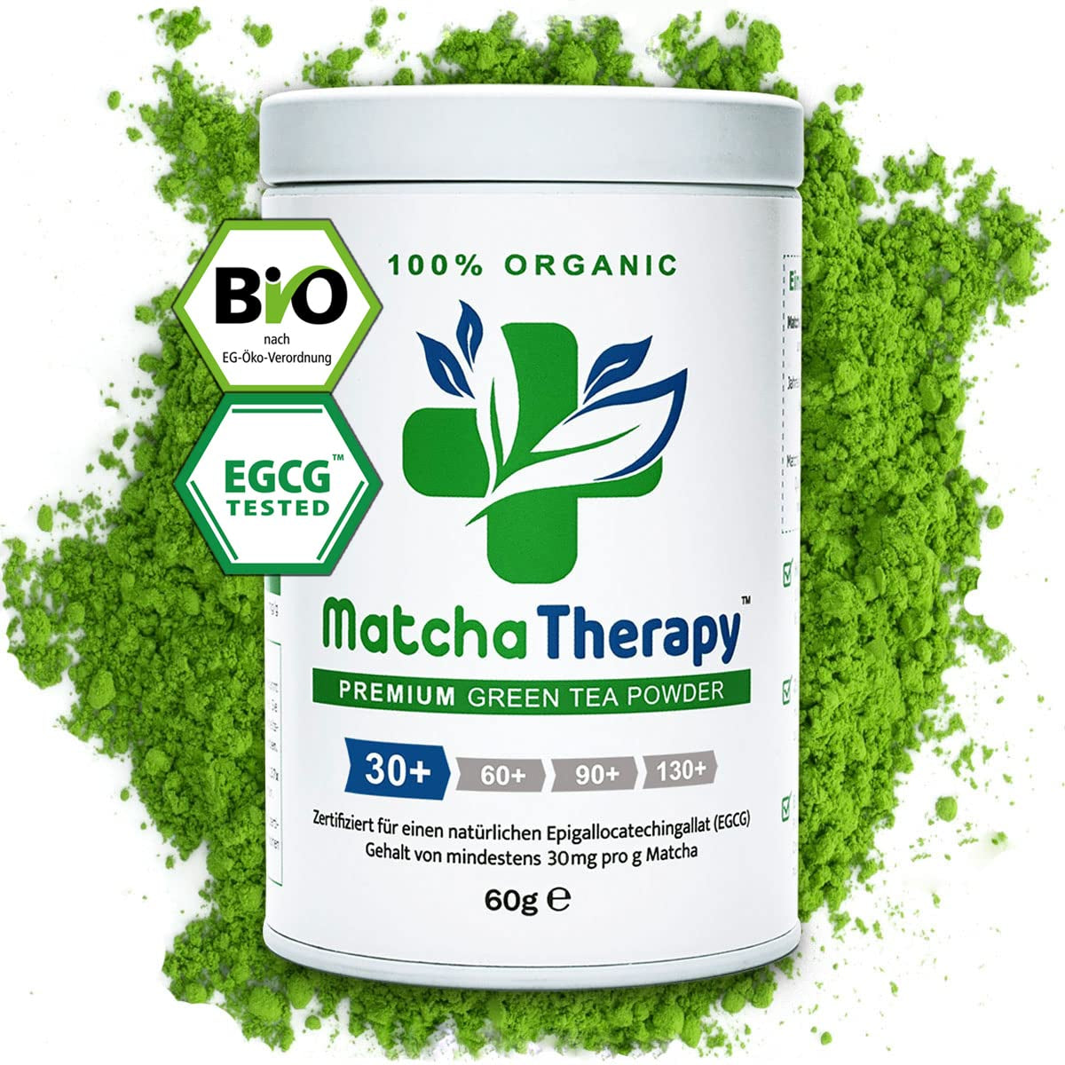 Terapia Matcha 30+ | Té Matcha orgánico en polvo | 60 gramos | Con un contenido comprobado de al menos 30 mg/g de catequina EGCG | Apoya el sistema inmunológico y los niveles de energía | Calidad Ceremonial | Té verde de Japón