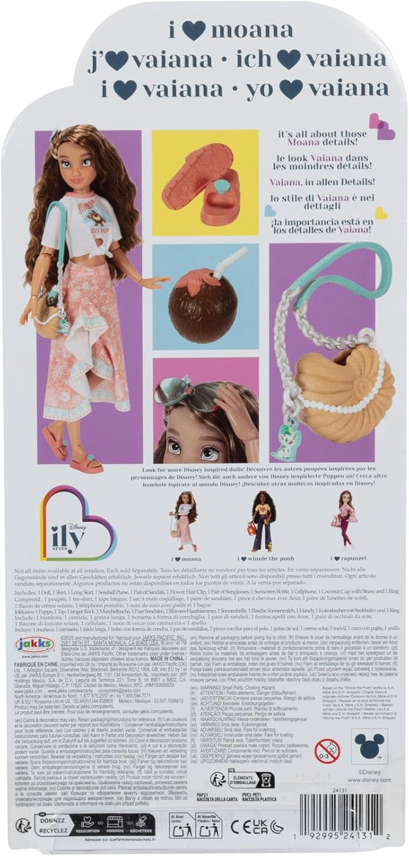 Muñeca Vaiana con accesorios, 29cm, 13 puntos de articulación, licencia oficial de Jakks Pacific. ¡Completo con accesorios combinables y un brillante anillo de Mickey!