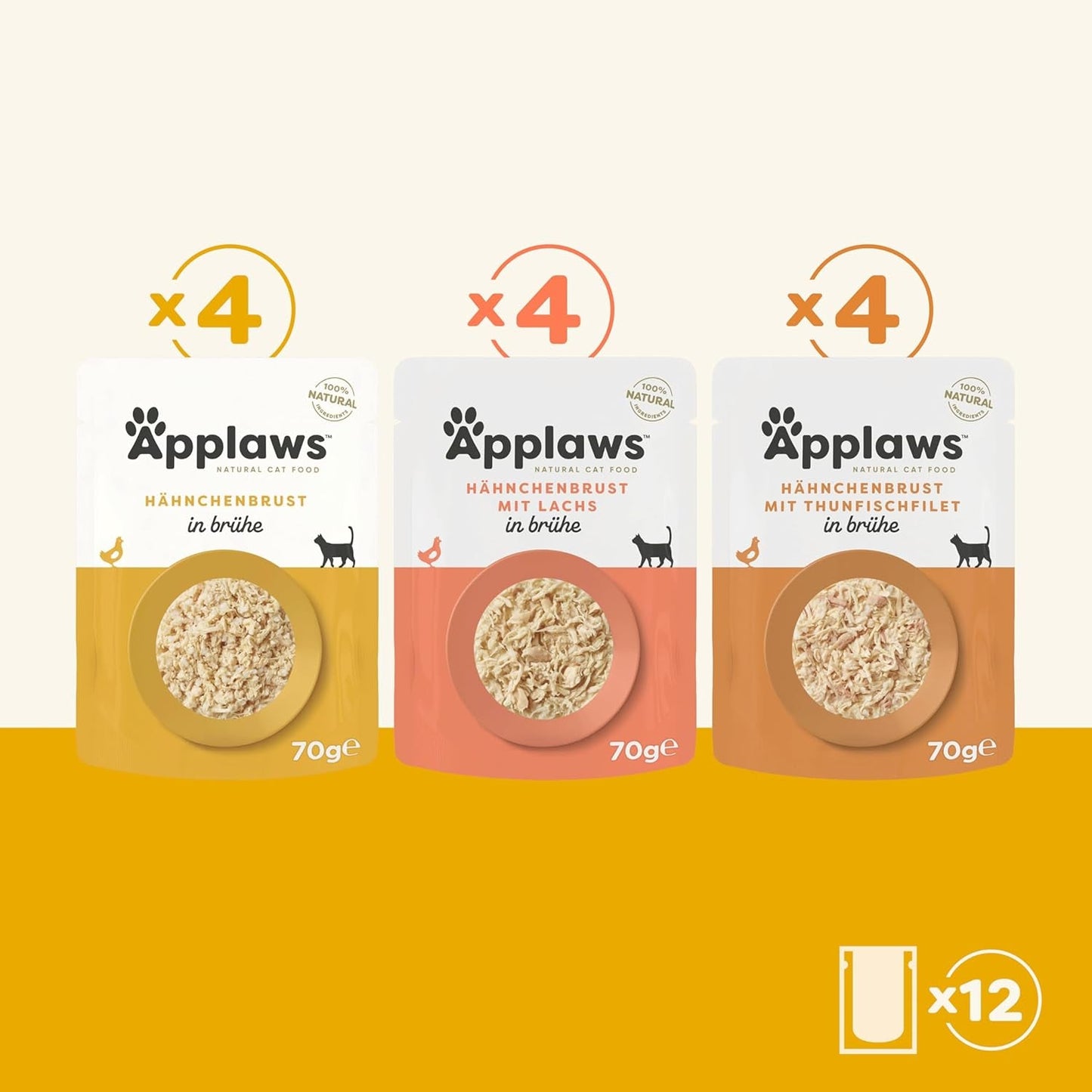 Applaws Sobres de comida húmeda natural para gatos Paquete múltiple Selección de caldo de pollo - 12 sobres x 70 g