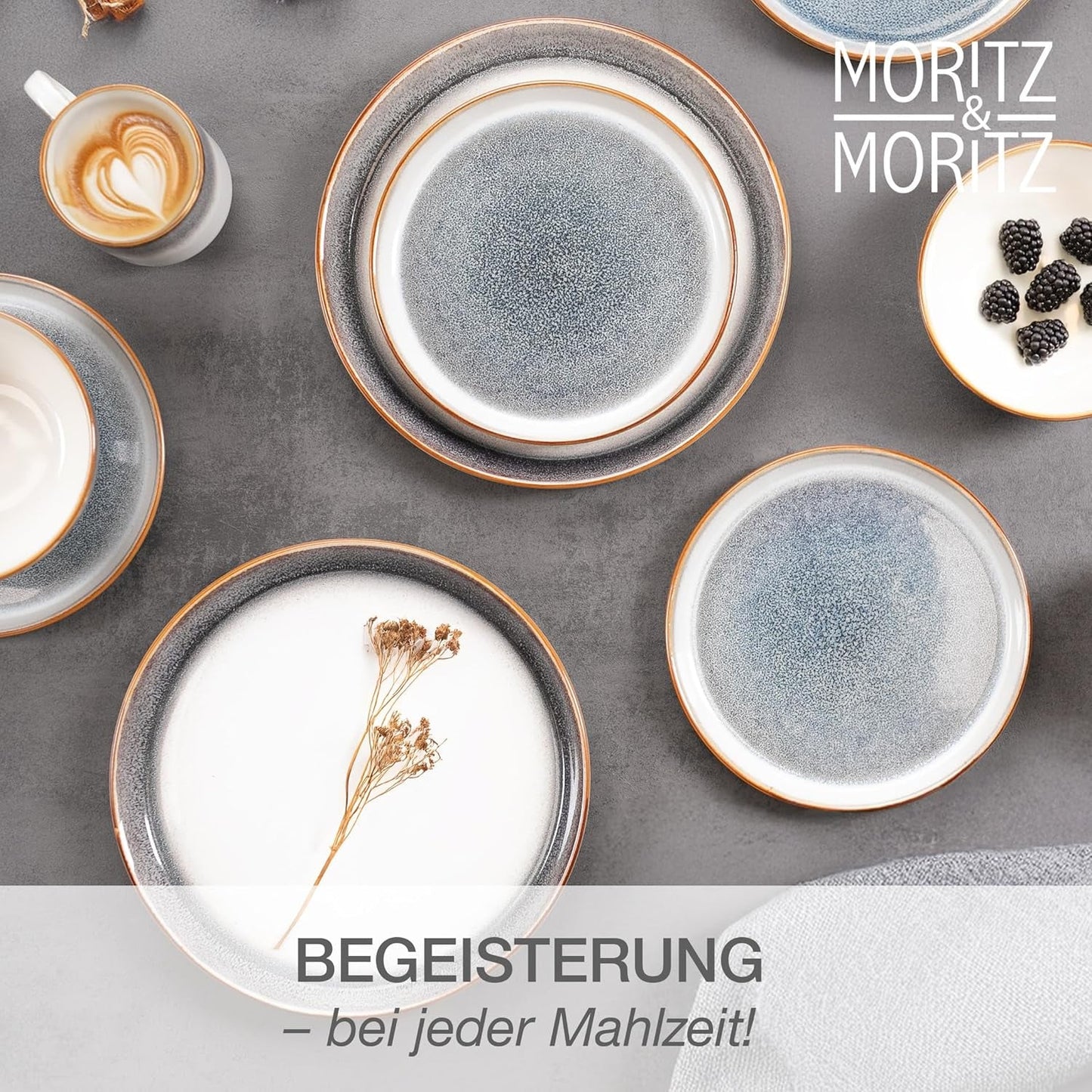 Moritz & Moritz TARENTO Vajilla para 6 personas de 24 piezas, gris - Elegante juego de platos de gres de alta calidad - El juego de vajilla incluye 6 platos llanos, 6 platos de postre, 6 platos llanos y 6 tazas