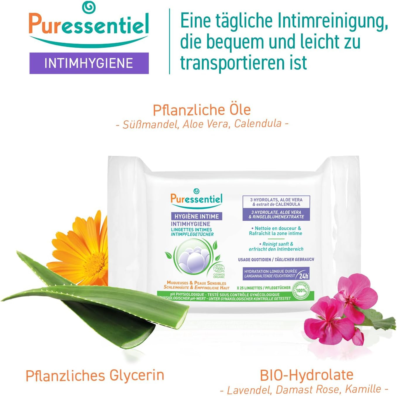 Puressentiel - Higiene íntima - Toallitas íntimas - Limpiadoras y refrescantes - Mucosas y pieles sensibles - Hidratación duradera 24 horas - Para uso diario - X25 uds.