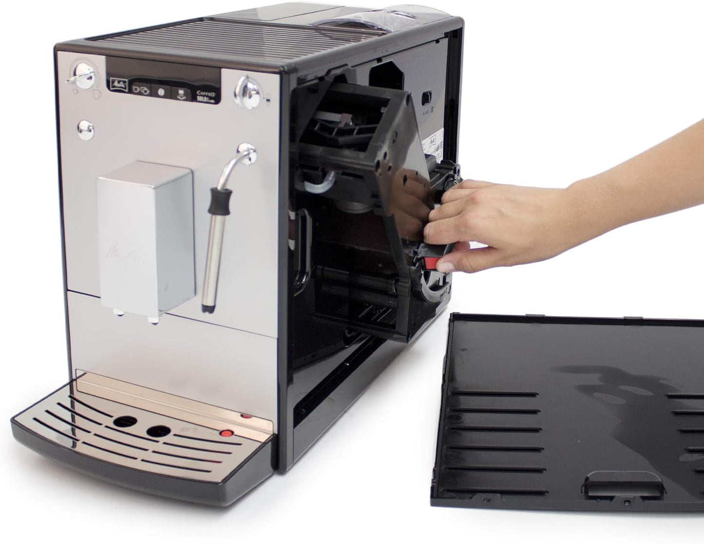 Melitta Solo & Milk: cafetera delgada totalmente automática con espumador de leche, cafetera con depósito de agua extraíble, p. café o capuchino, plata