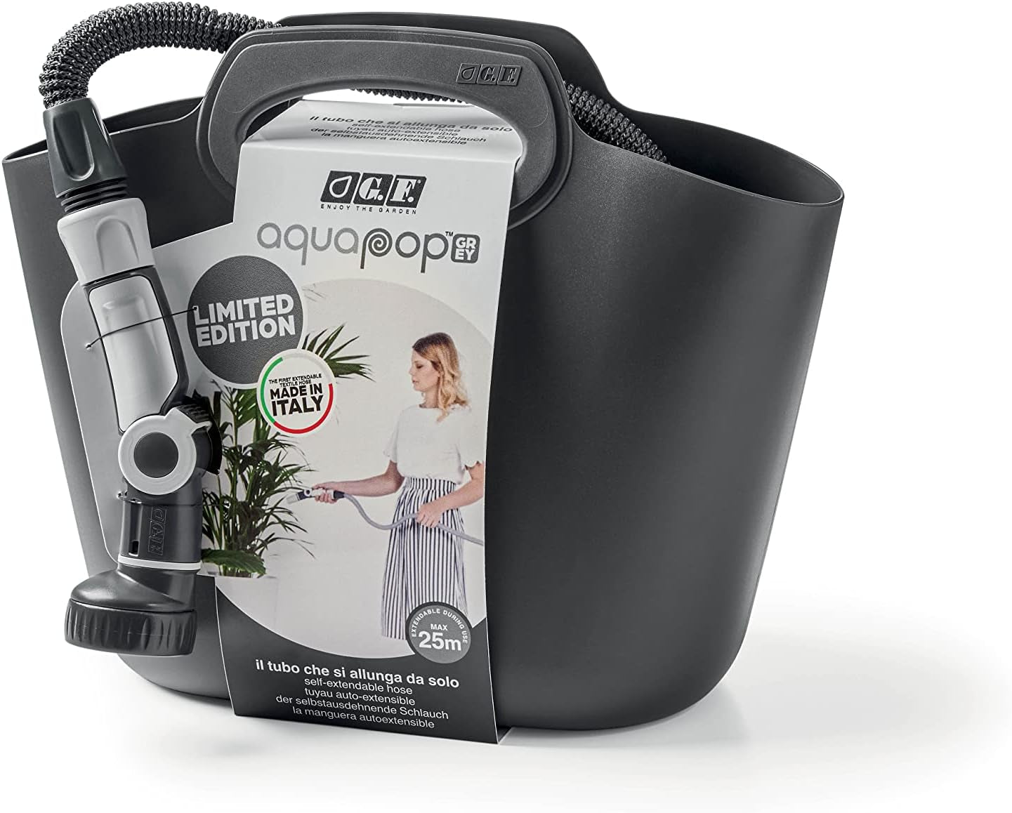 GF SRL, Aquapop Grey Edición Limitada con manguera textil autoextensible de 25 m Made in Italy, bolsa de plástico blando, boquillas y racores Lancia 8 para riego de jardín, gris oscuro