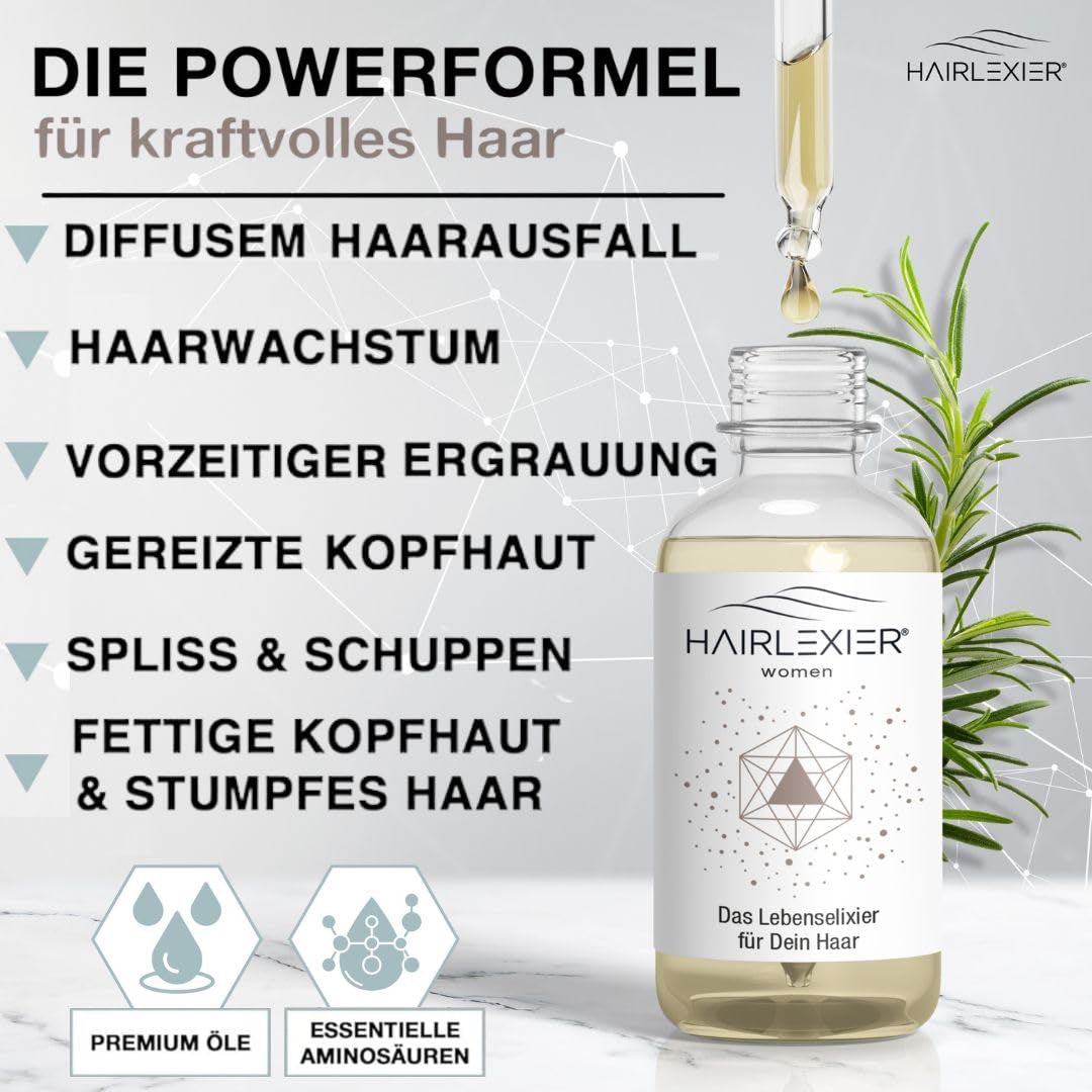 Hairlexier Remedio para el crecimiento del cabello para mujeres - Aceite capilar de romero, aceite capilar de ricino, aceite de lavanda, suero capilar natural contra la caída difusa del cabello, favorece el crecimiento del cabello, vegano y orgánico + Libro de trabajo Cuidado del cabello Naty Shop