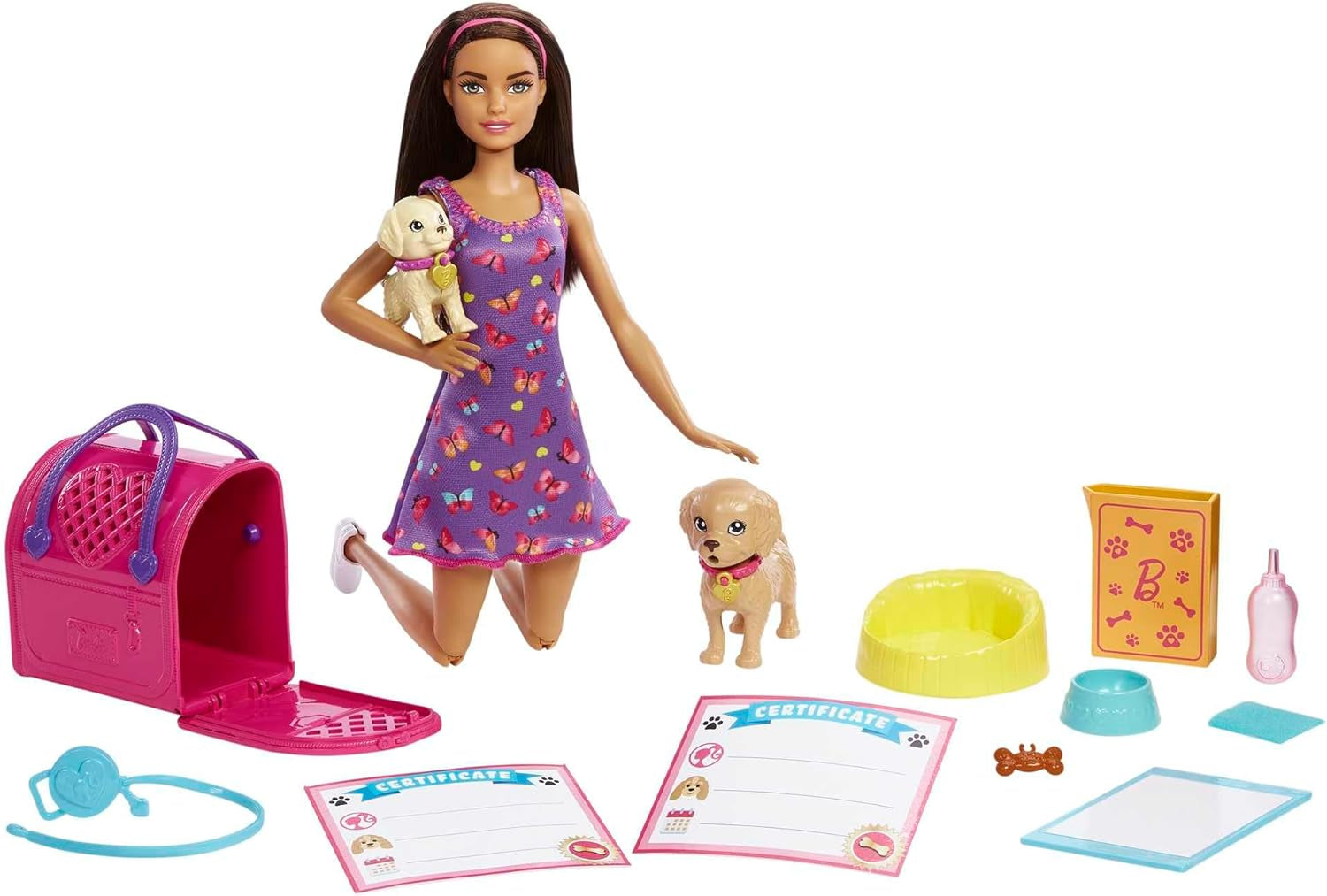 Adopción Barbie Puppy - Muñeca y 2 cachorros, con certificados de adopción, efecto de cambio de color, jaula y accesorios, para niños a partir de 3 años, HKD 86