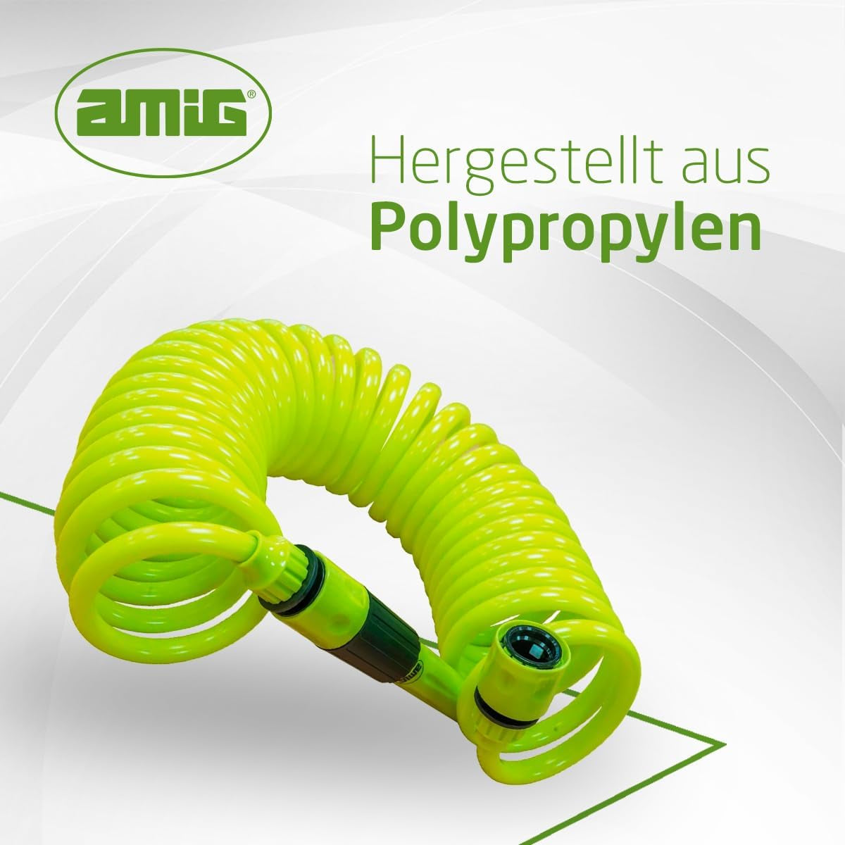Amig - Manguera en espiral | Fabricado en polipropileno | Extensible hasta 7,5 m | Incluye lanza de riego, adaptador y 2 juntas | Verde pistacho