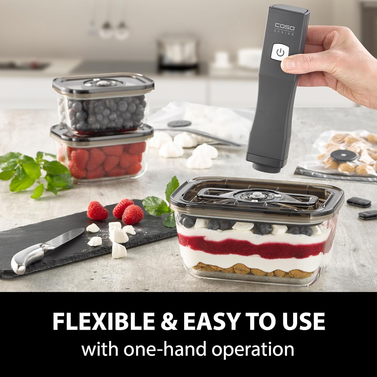 Set Caso Vacu OneTouch Eco, envasadora al vacío manual que incluye 3 recipientes de vidrio al vacío y VacuBoxx Eco-Duo S - recipiente para frescura al vacío / 2 recipientes de 500 ml cada uno Cajas para conservar alimentos Naty Shop