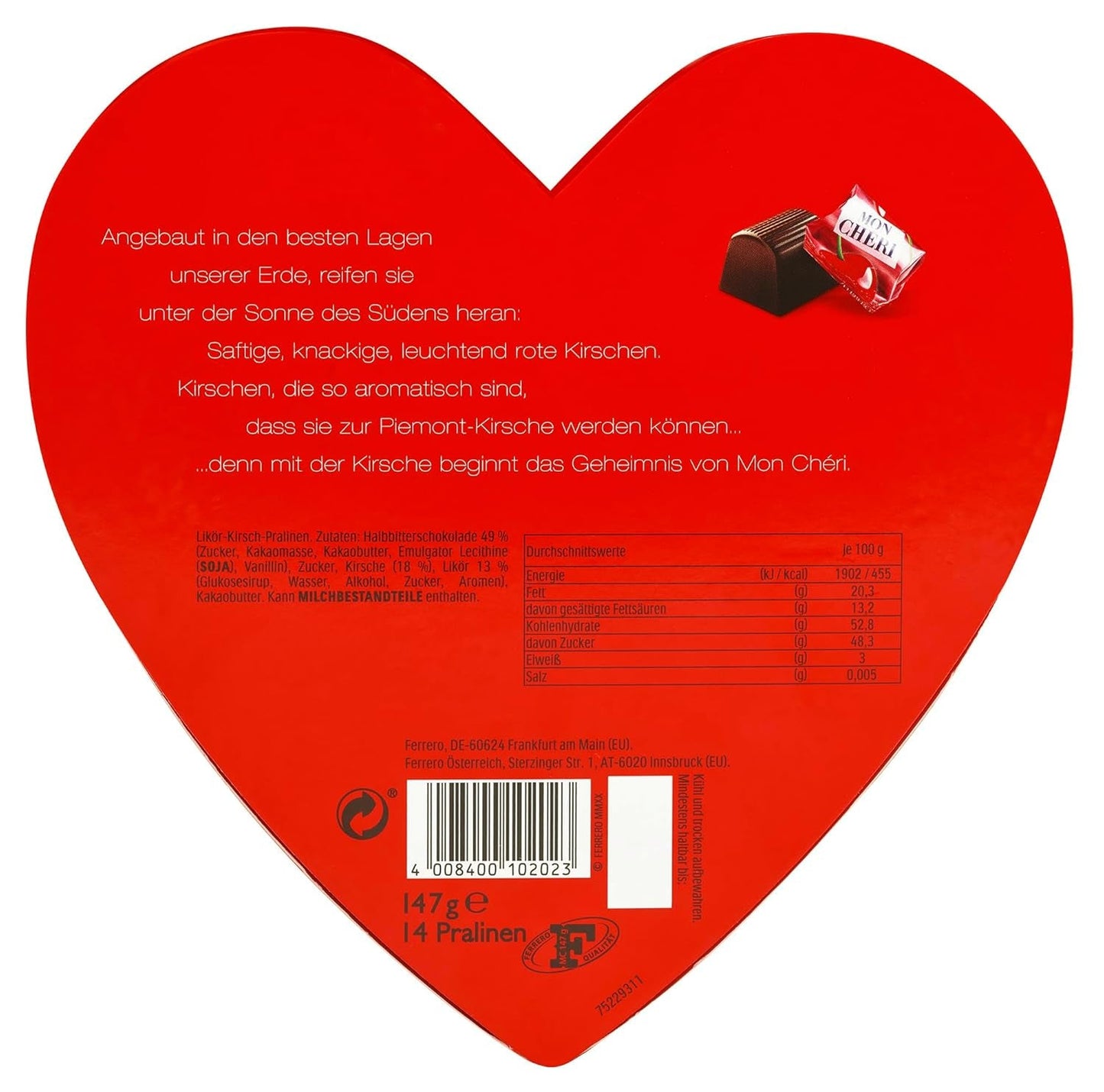 Corazón Ferrero Mon Chéri - Regalo de chocolate de San Valentín para él y para ella - Chocolate crujiente, licor de frutas y cerezas aromatizadas - Para San Valentín, Día de la Madre y Pascua - 1 paquete 147 g