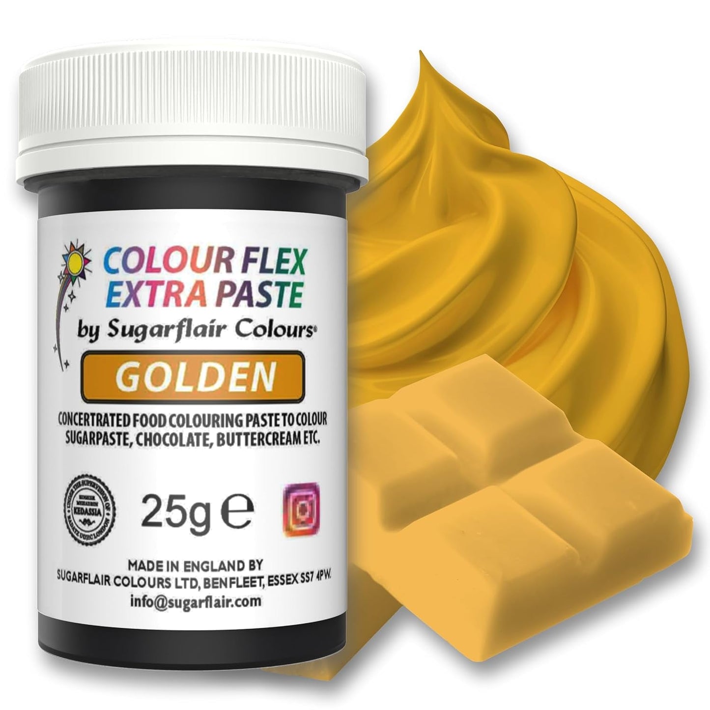 Pasta colorante alimentaria Sugarflair Colourflex Extra Paste Golden - Colorante alimentario comestible para crema de mantequilla, chocolate, pasta de azúcar, glaseado, fondant, mezclas para pasteles, masa y más - 25 g