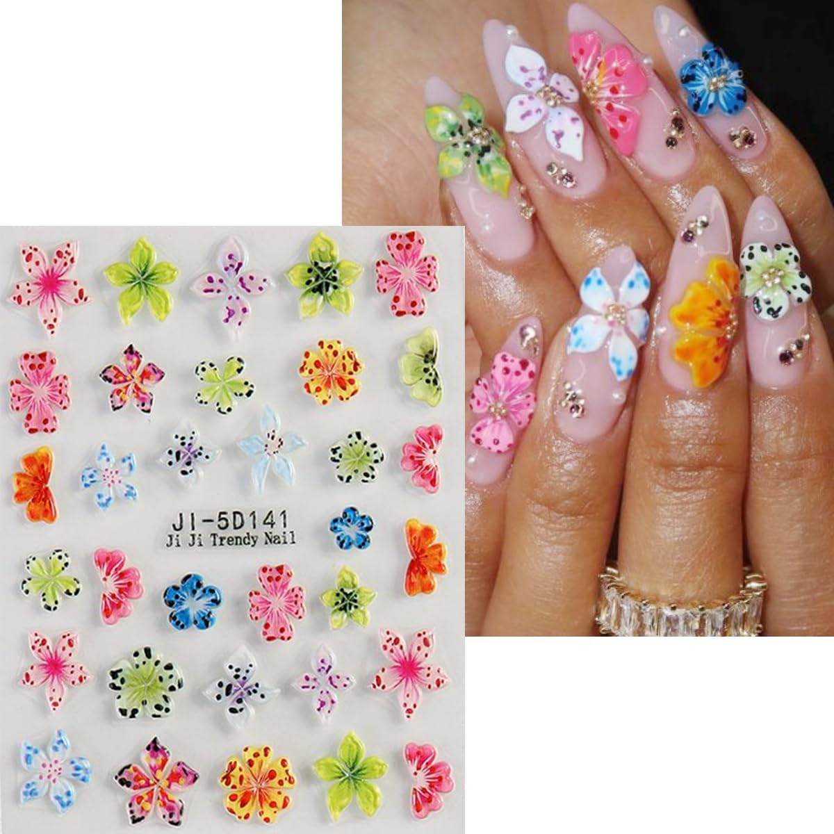 JMEOWIO 3D Nagelsticker Flor Colorida Nail Art Sticker Selbstklebend Nagelaufkleber 5D Stereoskopisch Primavera Verano Floral Dekoration Nageldesign Zubehör 4 Blatt