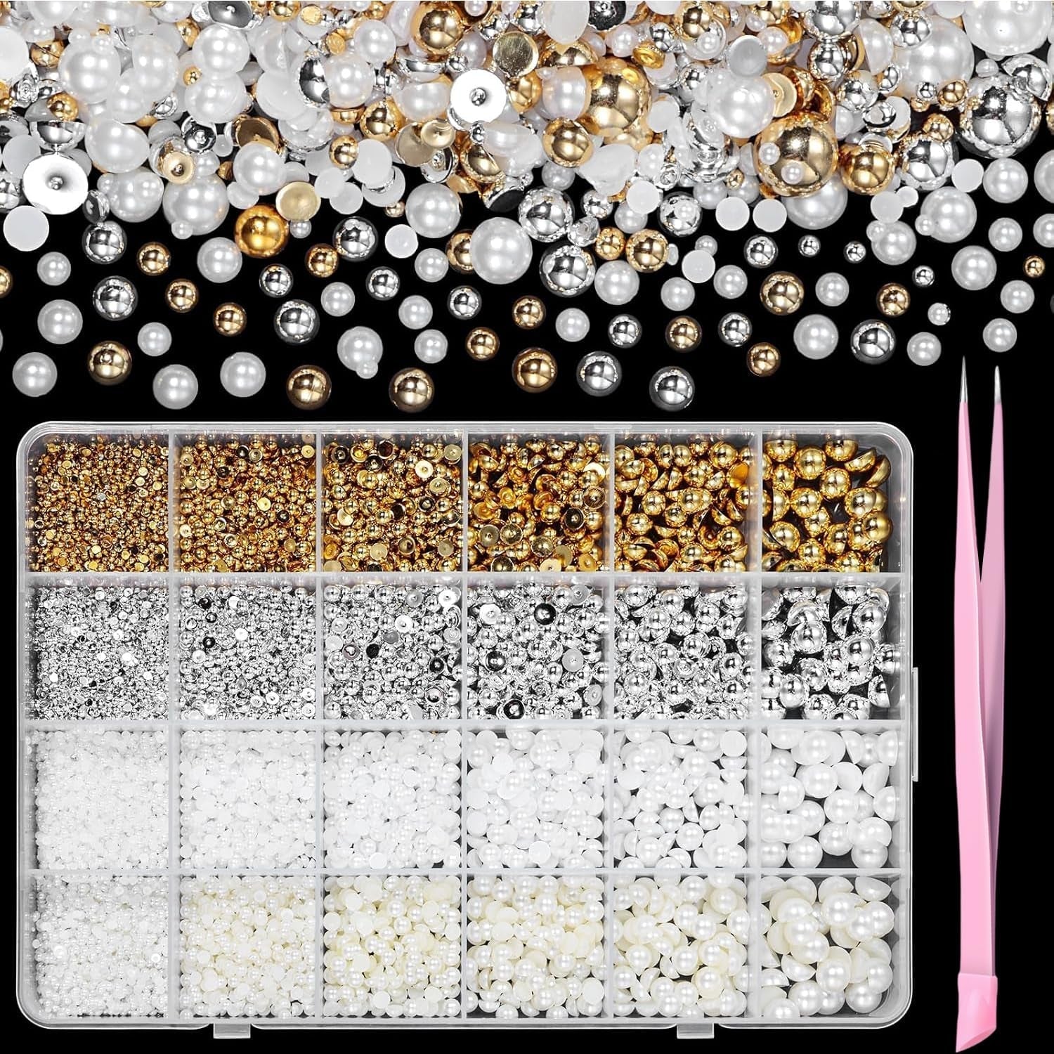 GZMAYUEN 920 Uds. Perlas planas doradas y plateadas para uñas, perlas de uñas color beige medio blanco, perlas pequeñas Halbrunde con parte posterior plana para decoración de uñas DIY