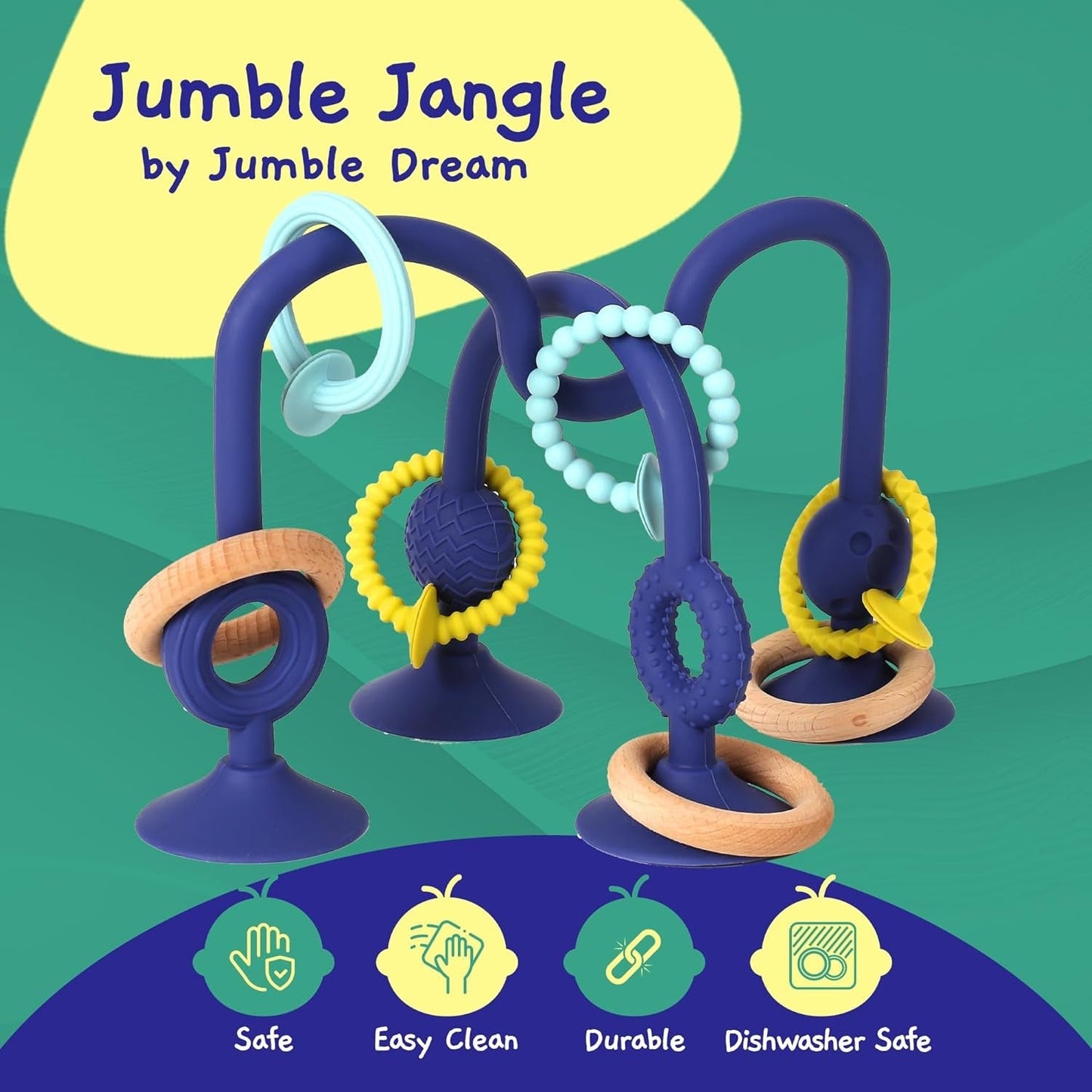 JUMBLE JANGLE Anillo de dentición para bebé: juguete para la dentición del bebé de 3 a 24 meses | Juego de 7 juguetes para masticar sin BPA | Anillo de dentición de silicona refrescante | Juguete infantil con ventosa para trona, mesa y bañera