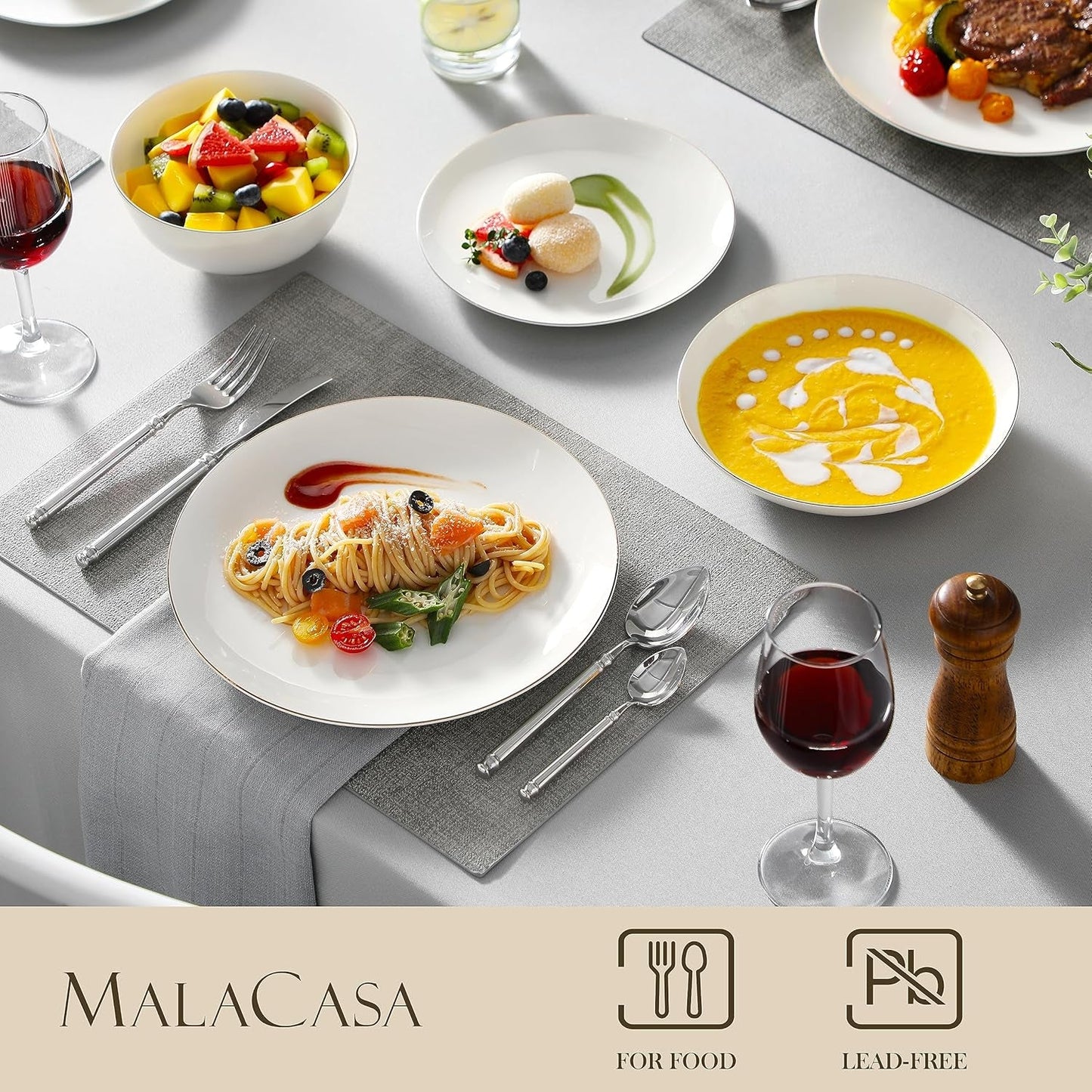 MALACASA Juego de vajilla para 4 personas Bone China Juego de vajilla de 16 piezas Redondo blanco con borde dorado Juego combinado de 4 platos llanos 4 platos de postre 4 platos Suma y 4 tazones de cereales Serie NORI