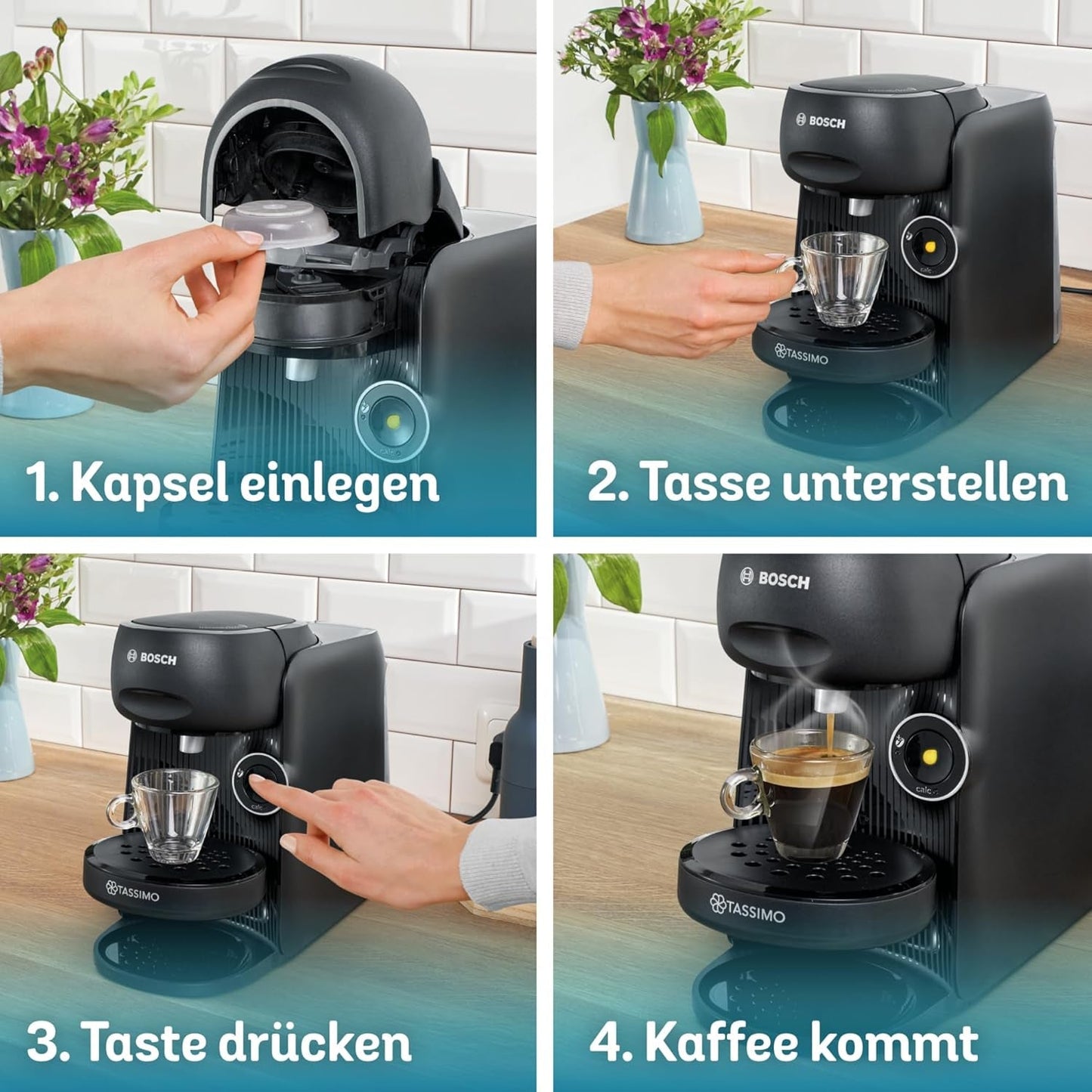 Bosch Tassimo finesse TAS162E Cafetera espresso de cápsulas, 70 bebidas, café más intenso con solo pulsar un botón, apagado automático, sostenible, dosificación perfecta, 1400 W, negro/negro