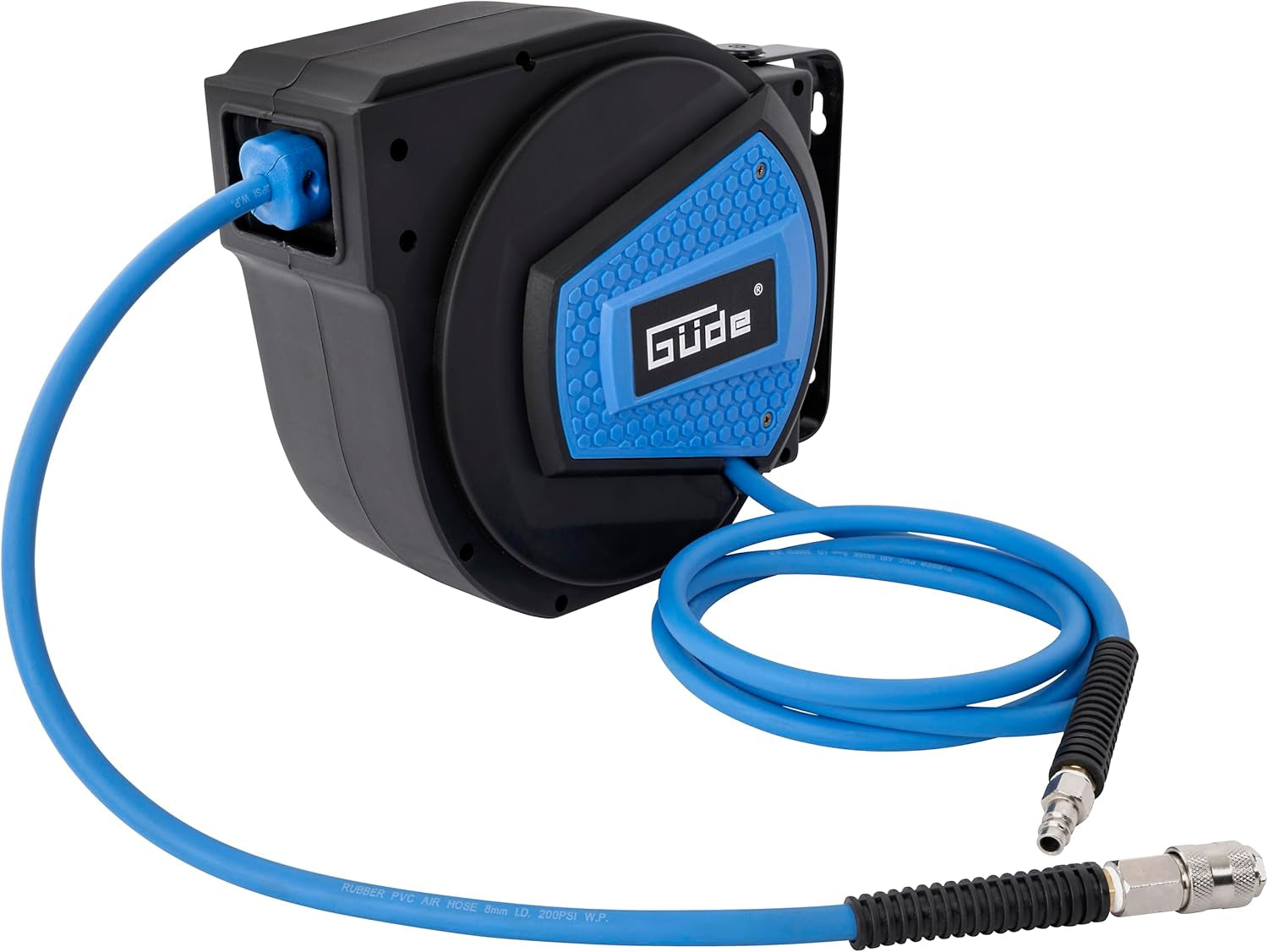 Enrollador de manguera automático Güde 10 m (presión de trabajo 12 bar, rotación de 180°, manguera de aire comprimido extremadamente flexible, resistente al aceite y a la temperatura, rosca de conexión 1/4", soporte de pared)