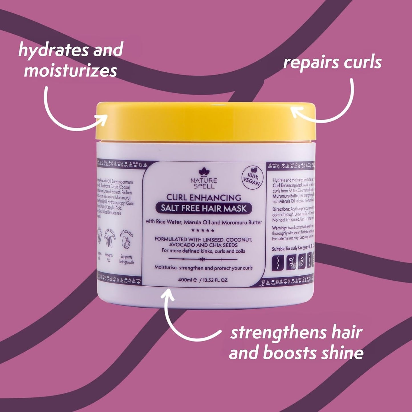 Mascarilla Capilar para Cabello Rizado de Nature Spell 400ml - Enriquecida con Agua de Arroz y Semillas de Lino, para Todo Tipo de Rizos, Sin Sulfatos Naty Shop Mascarilla Capilar