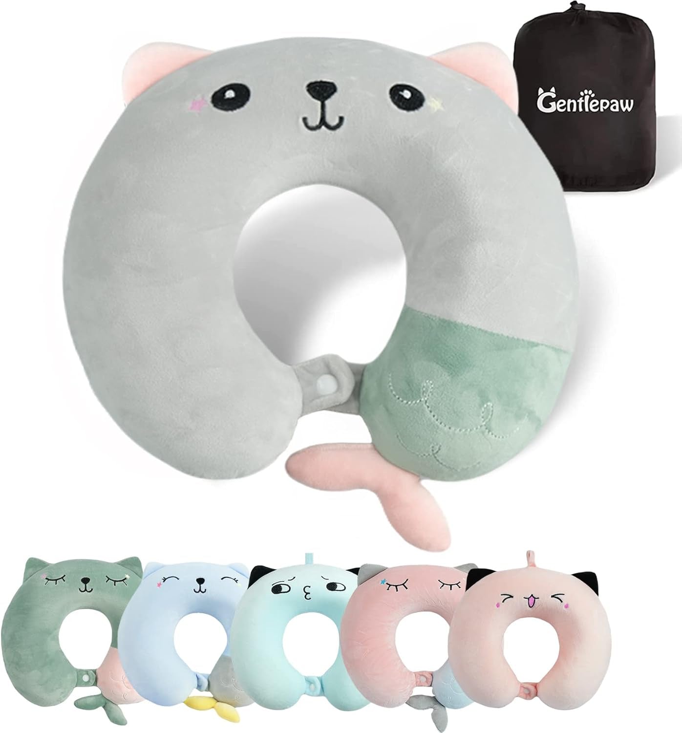Almohada para el cuello, almohada para el cuello para niños, para avión, automóvil, tren, viaje, almohada de viaje de espuma viscoelástica para adultos, almohada en forma de U con patrón de animales lindo, funda desmontable (Rosa2) Almohadas ortopédicas cervicales Naty Shop Gris
