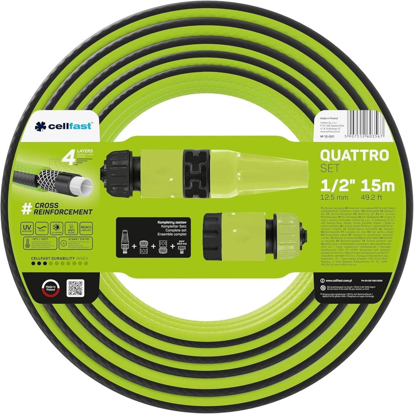 Cellfast QUATTRO Manguera de jardín Durable Liviana 4 capas Manguera de alambre resistente a los rayos UV Trenza cruzada 20 bar 3/4" 15 m 10-074