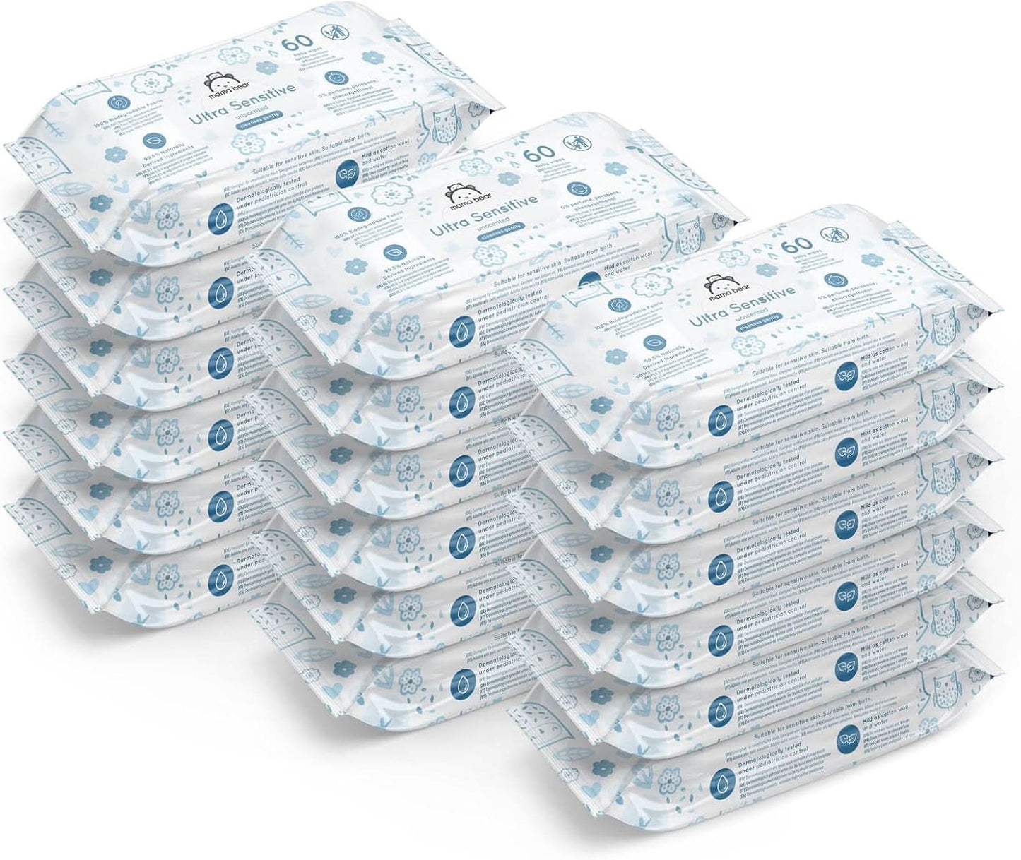 Toallitas para bebé Mama Bear ultrasensibles sin fragancia, 1008 unidades (18 paquetes de 60) Naty Shop