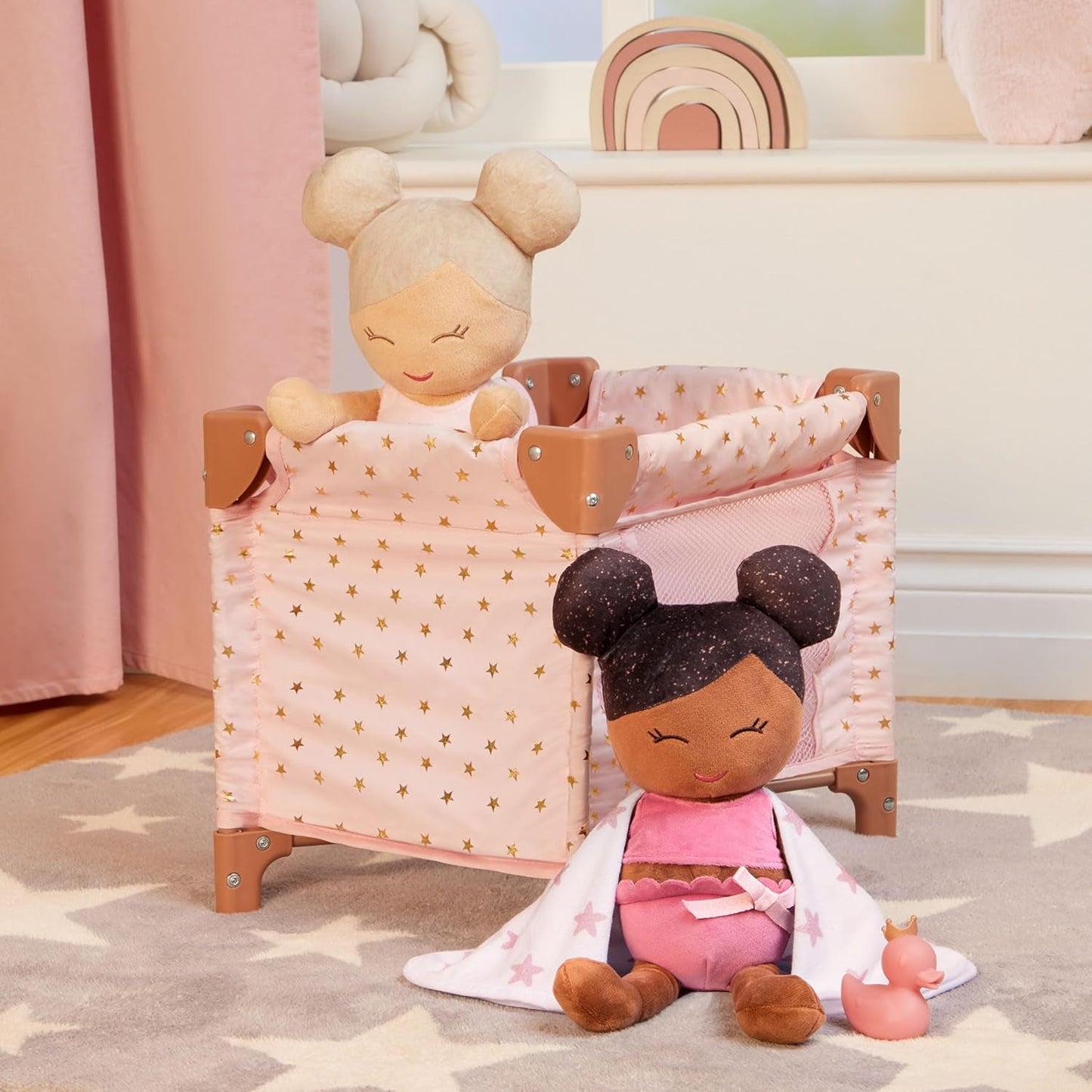 LullaBaby - Baby Puppen Laufstall - Faltbarer Puppen Laufstall en Rosa - Goldener Stern - Druckdesign - 36 cm Baby Puppe Kinderzimmer Zubehör - Vorgetäuschtes Spiel - Spielzeug für Kinder ab 2 Jahren