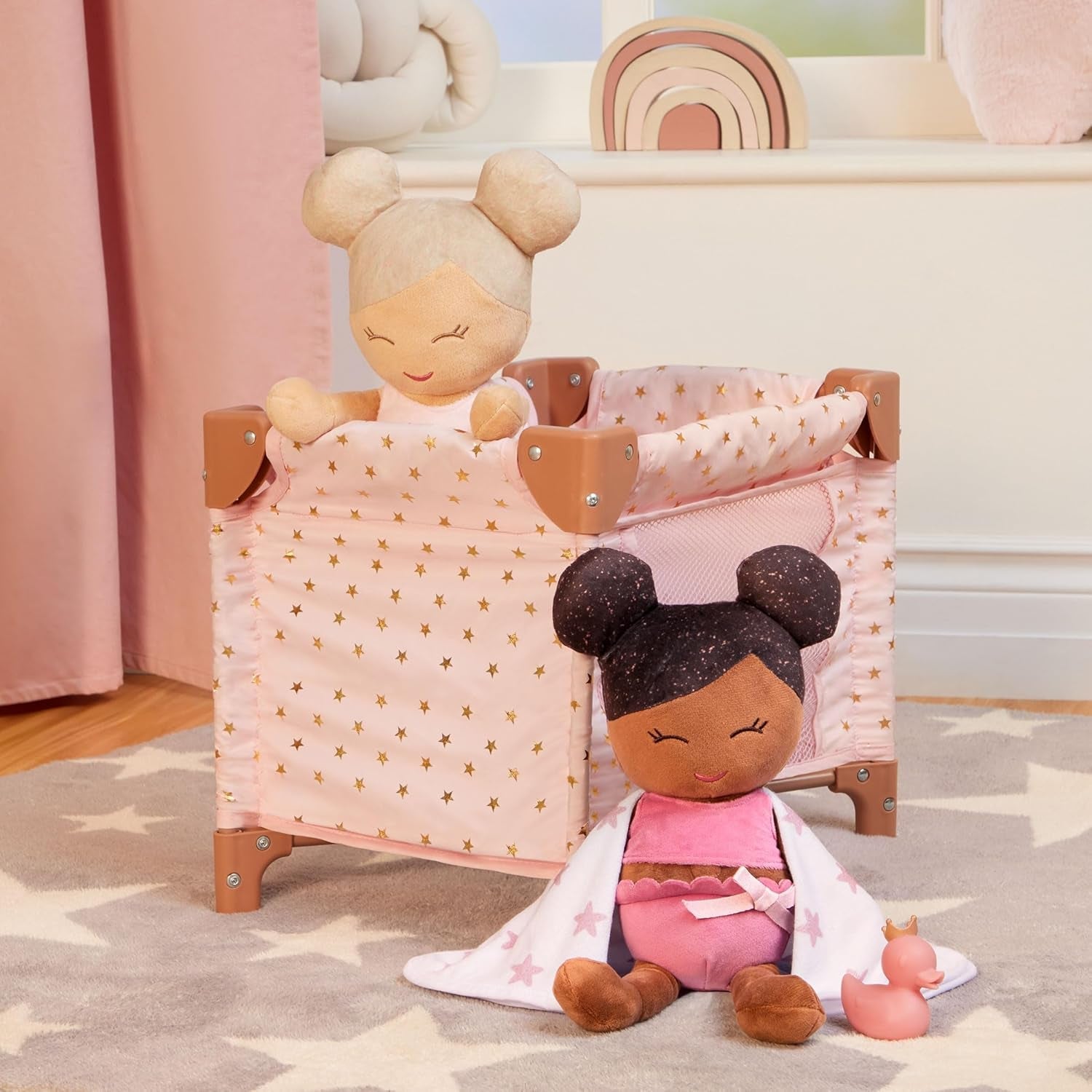 LullaBaby - Baby Puppen Laufstall - Faltbarer Puppen Laufstall en Rosa - Goldener Stern - Druckdesign - 36 cm Baby Puppe Kinderzimmer Zubehör - Vorgetäuschtes Spiel - Spielzeug für Kinder ab 2 Jahren