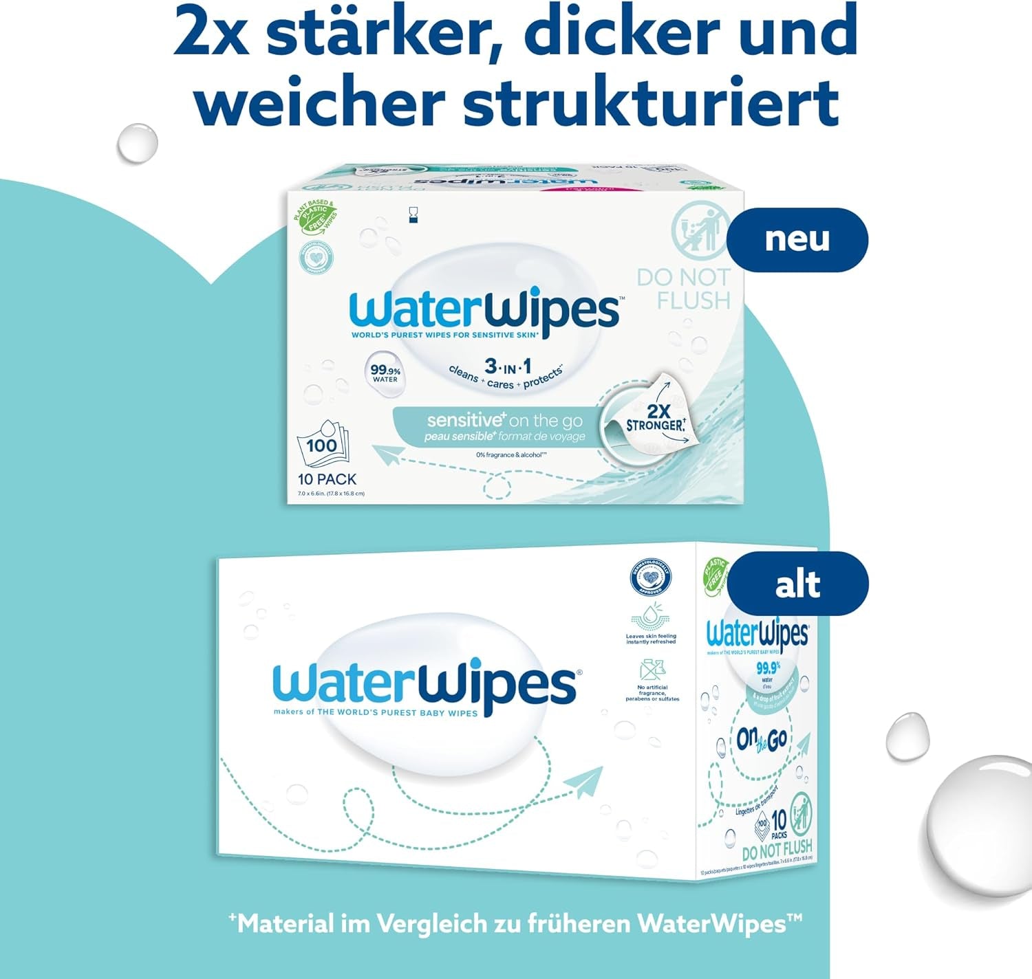 Toallitas húmedas WaterWipes Sensitive+ On The Go, 100 toallitas (paquete de 10), 3 en 1 limpia, cuida, protege, 99,9 % agua, toallitas sin fragancia
