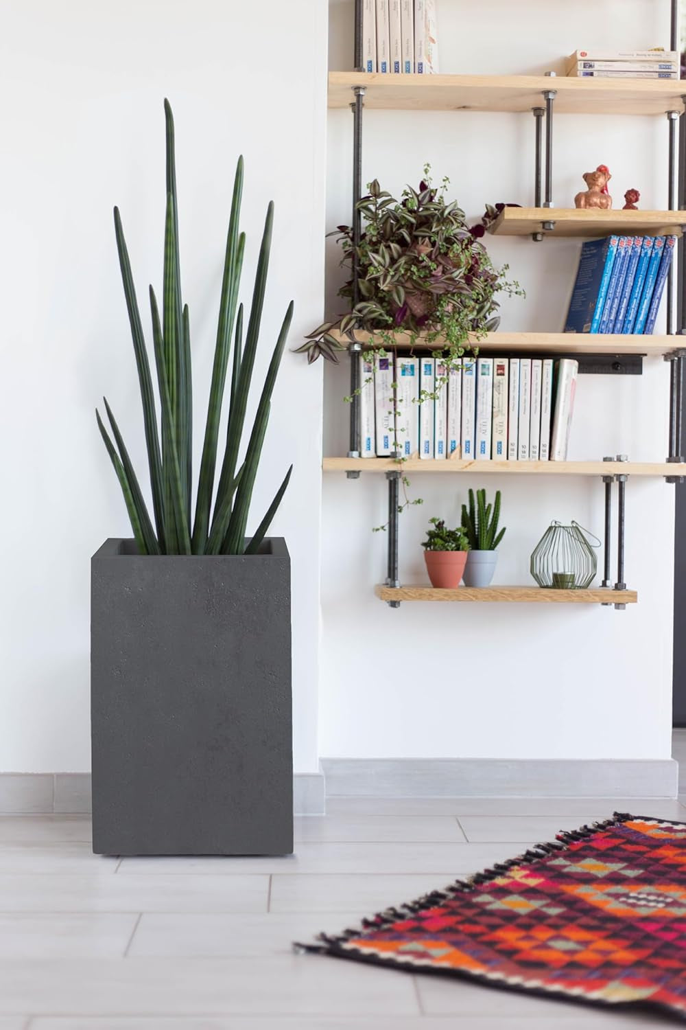 Maceta Basalt Up, Cuadrada, Alta, 36 L, Aspecto Cemento, Pared Lisa, Depósito de Agua, 29,5 x 29,5 x 49,5 cm, Gris Antracita