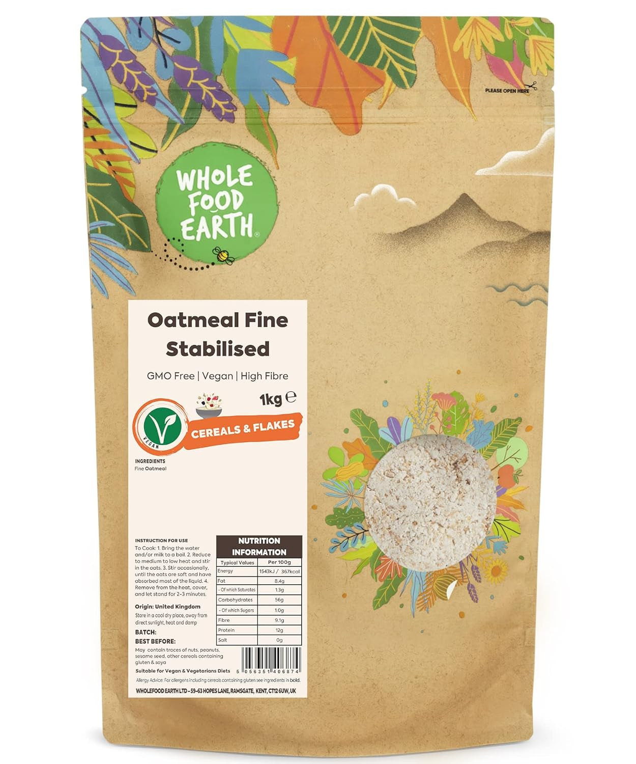Wholefood Earth Fine Oats - sin OGM - vegano - sin lácteos - sin azúcares añadidos 1 kg