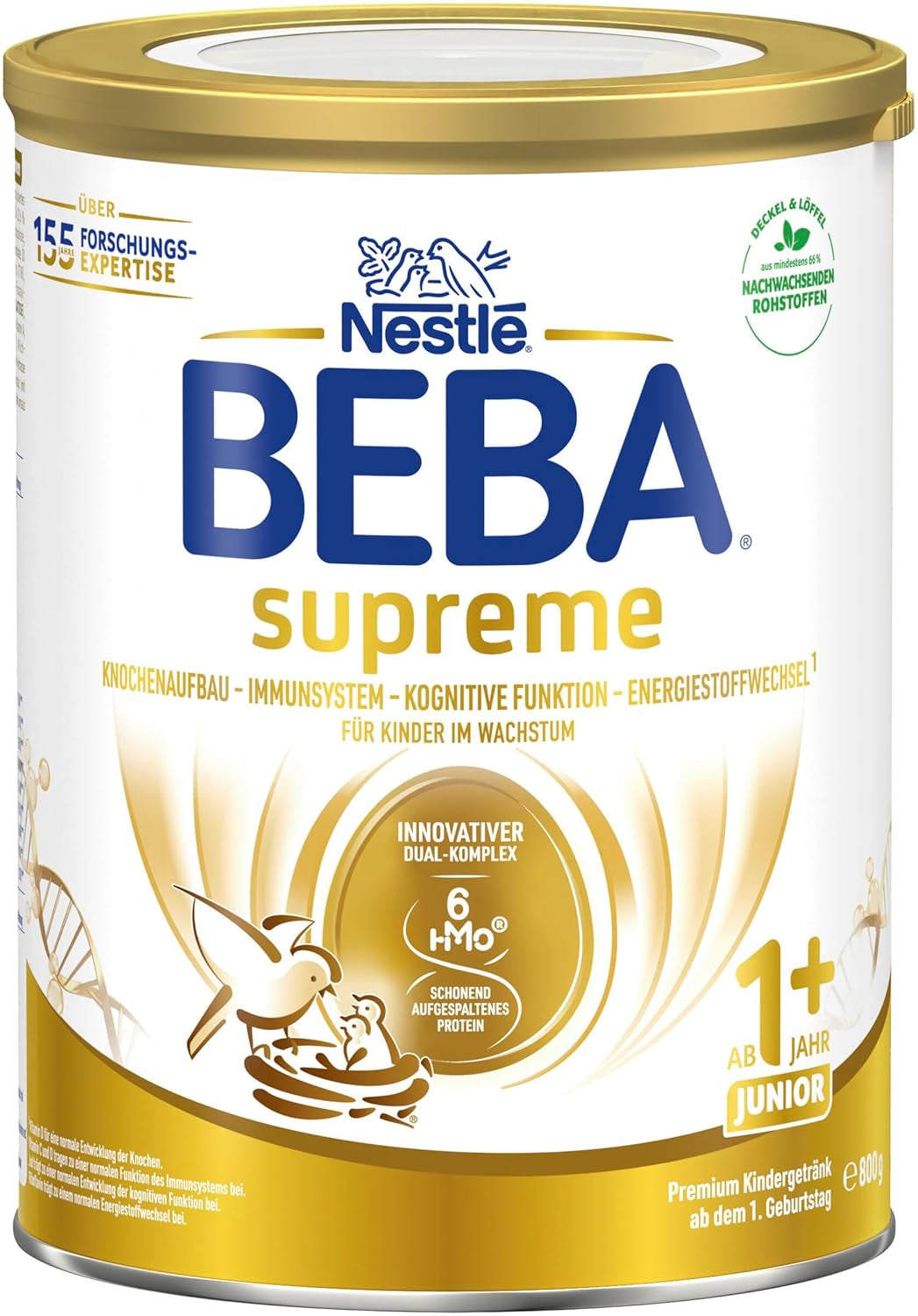 BEBA SUPREME JUNIOR 1 Plus - Bebida para niños a partir de 1 año, con complejo 6 HMO, sin lactosa, sin aceite de palma, sin aceite de pescado, comida para niños pequeños, leche en polvo para bebés, paquete de 6 (6 x 800g)