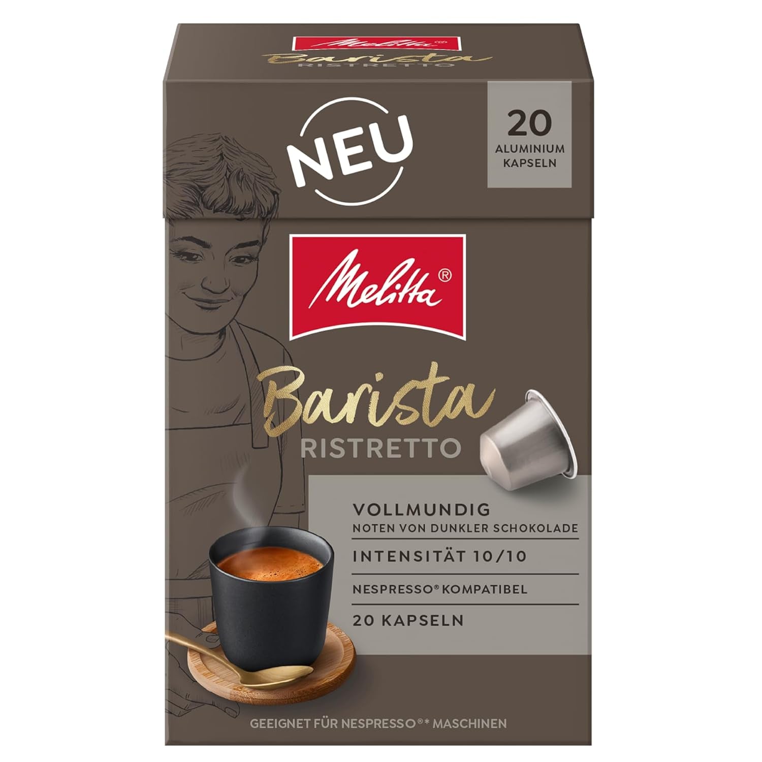 Melitta Barista Ristretto Kaffee-Kapseln 20 Stück je 5.5g, gemahlen, in Portionskapseln for Nespresso*-Maschinen, Vollmundig, Noten von dunkler Schokolade