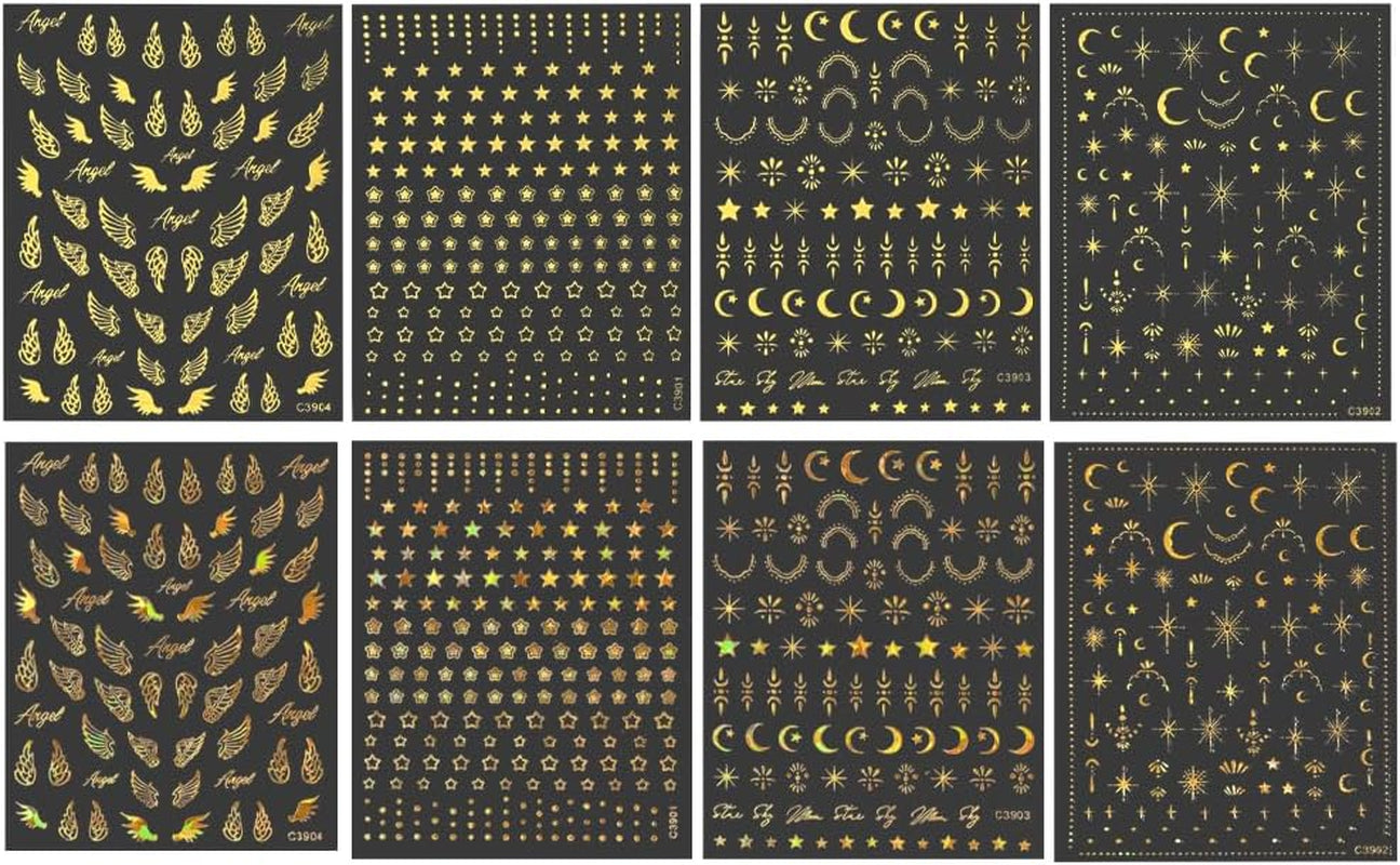 8 hojas de pegatinas doradas para uñas, luna y estrellas, alas de ángel, pegatinas para uñas doradas, estrellas, láminas para uñas, pegatinas autoadhesivas para uñas, accesorios de diseño de uñas, pegatinas para uñas