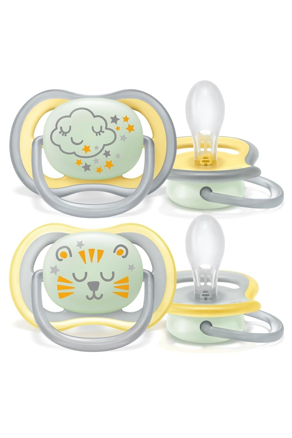 Chupete nocturno Philips AVENT Ultra Air para bebés de más de 18 meses que brilla en la oscuridad, paquete doble Nube/Tigre (modelo SCF376/01)