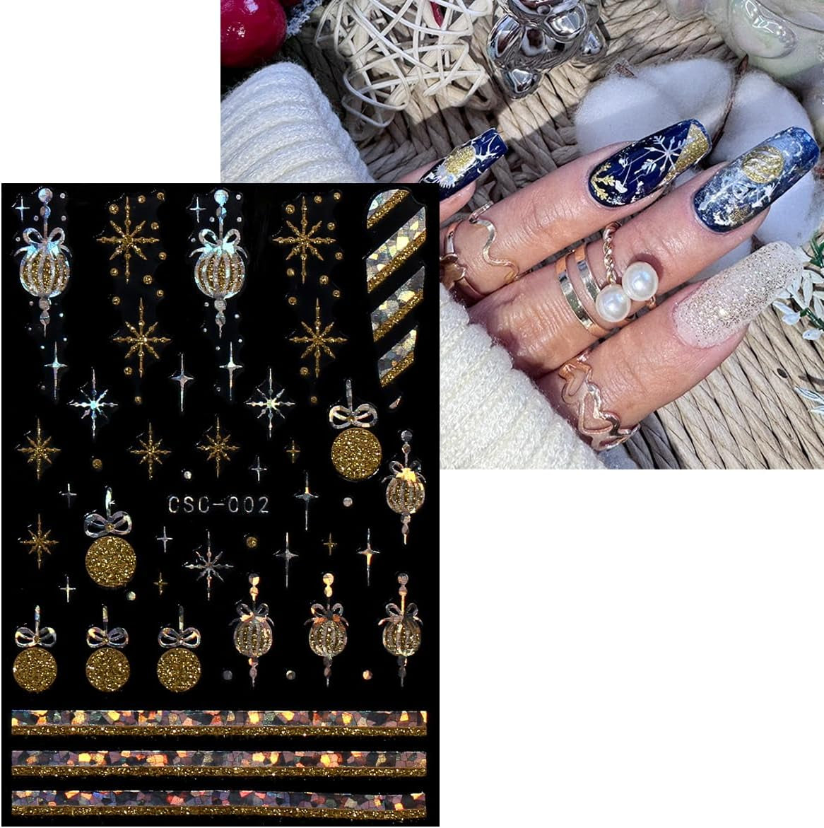 JMEOWIO Nagelsticker Weihnachten Gold Glitter Silver 8 Blatt Nail Art Sticker Selbstklebend Nagelaufkleber Schneeflocke Winterurlaub Dekoration Nageldesign Zubehör