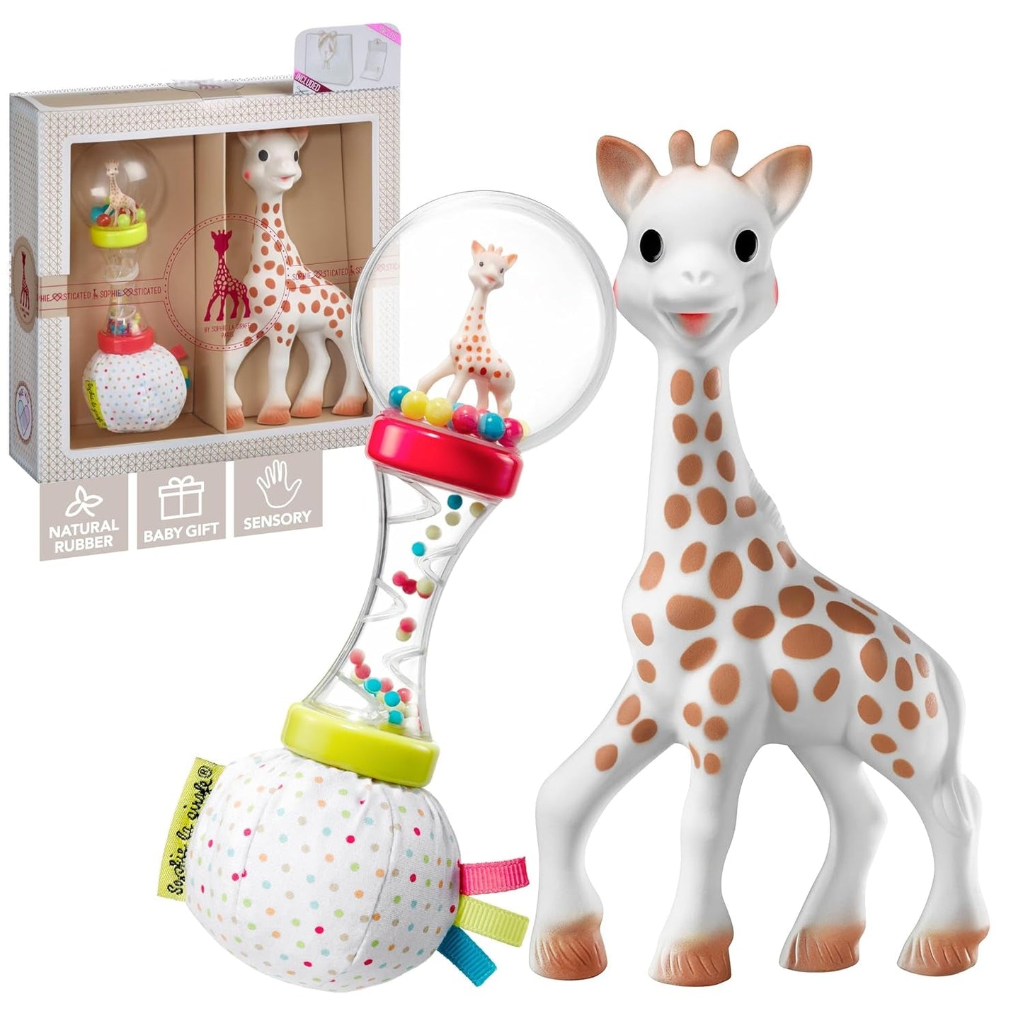 Set de regalo de cumpleaños Sophie la jirafa Pouet sonajero Sophiesticated 00012 Juguetes Bebe Naty Shop Individual Transparente