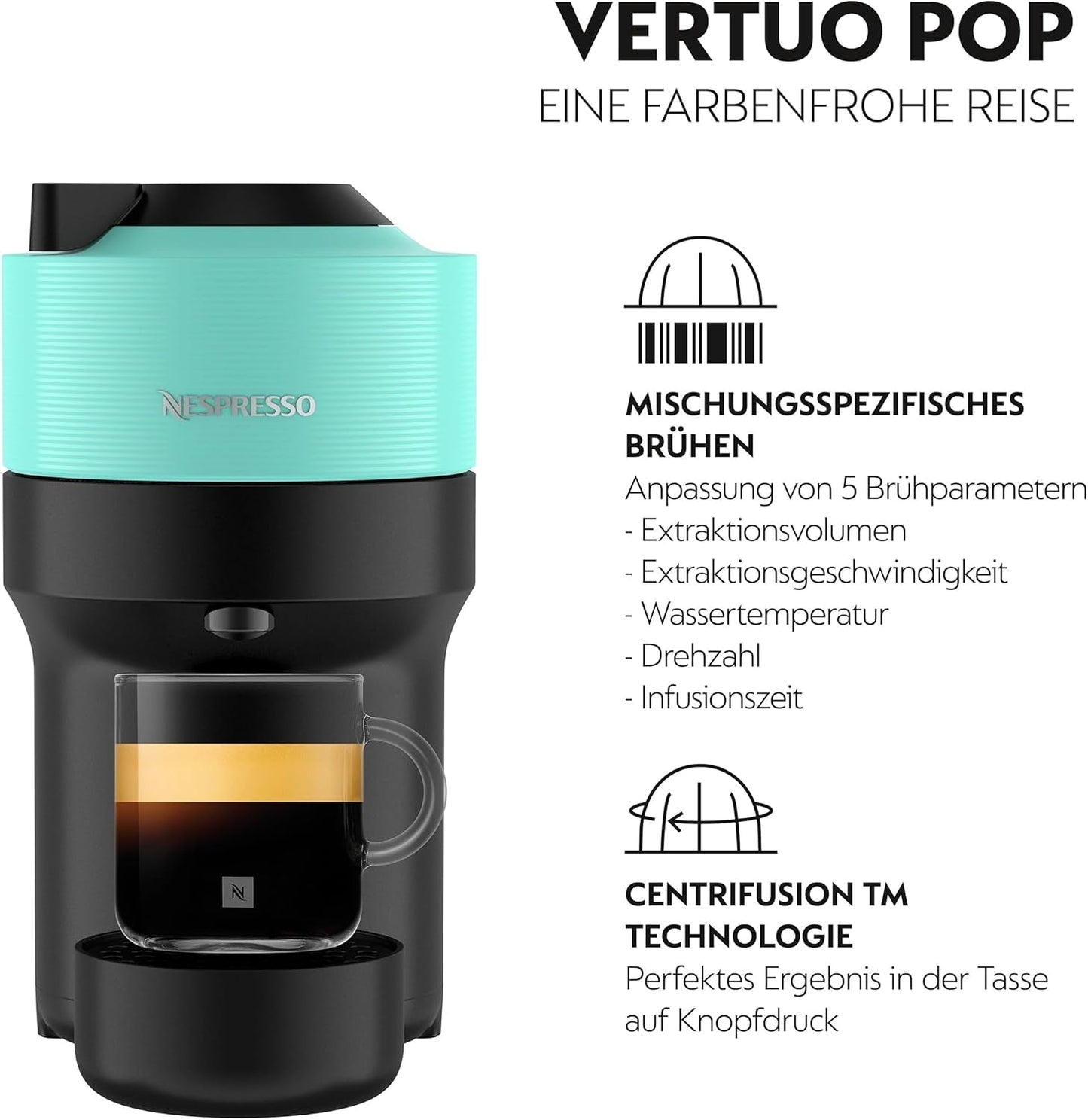 Cafetera espresso con cápsulas Nespresso Krups Vertuo Pop, capacidad: 560 ml, reconocimiento automático de cápsulas, sistema one-touch, 4 tamaños de taza, tiempo de calentamiento reducido, sostenible, Aqua Mint, XN9204