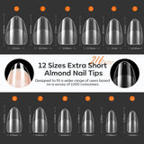 Modelones Puntas de Uñas 216 Piezas - Juego de Puntas de Uñas de Cobertura Completa, Juego de Puntas de Gel Suave, Puntas de Uñas de Resina PMMA Prepulido, Pegamento DIY en Uñas Artificiales, Almendras Cortas XS
