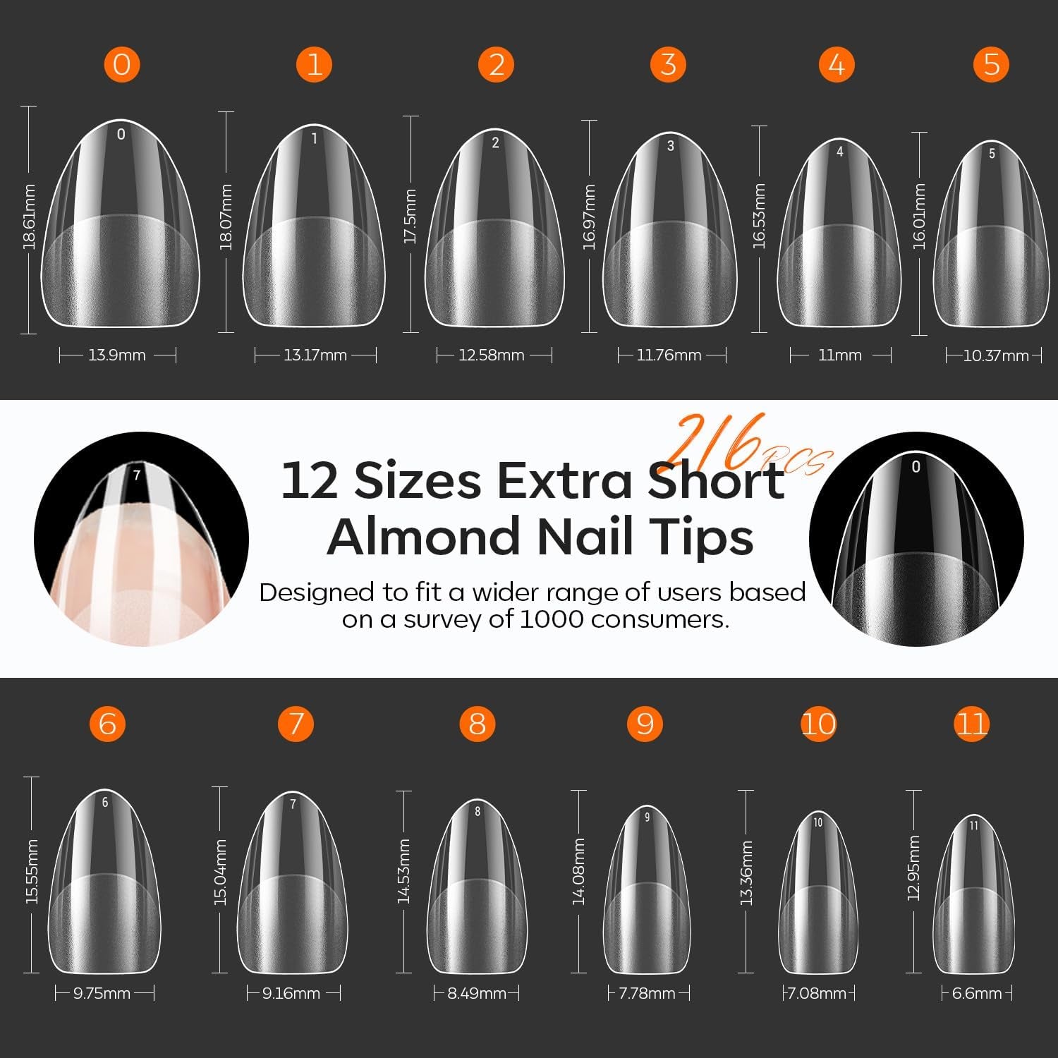 Modelones Puntas de Uñas 216 Piezas - Juego de Puntas de Uñas de Cobertura Completa, Juego de Puntas de Gel Suave, Puntas de Uñas de Resina PMMA Prepulido, Pegamento DIY en Uñas Artificiales, Almendras Cortas XS