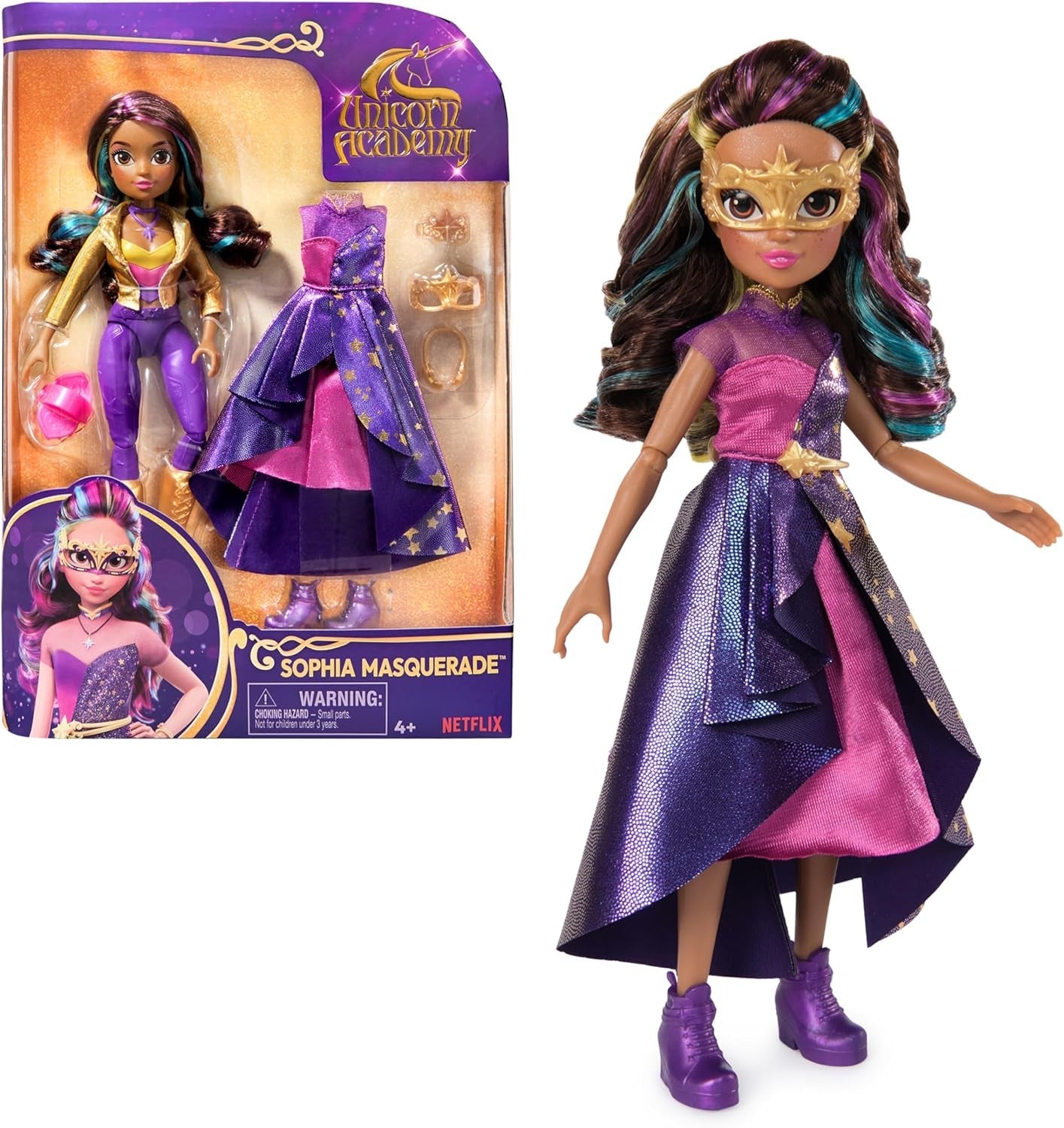 Baile de máscaras de lujo de Unicorn Academy - Muñeca Sophia Original de la popular serie de Netflix, 24 cm de altura, con 2 conjuntos y accesorios, para edades de 4 años en adelante