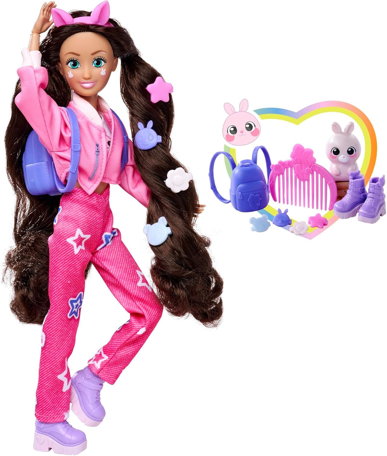 Simba 105953975 - Muñeca Lucy Kawaii Hi Dress-Up (26cm) - Muñeca articulada de Peluquería, Conejo de Pelo Largo y Accesorios Juguete para 4 años en adelante