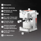 Caso Espresso Gourmet - Cafetera Espresso con Portafiltro de Acero Inoxidable, Potente Bomba Ulka de 19 Bares, con Espumador de Leche, para Café Molido o Cápsulas de Café ESE, para 2 Tazas, con Calentador de Tazas
