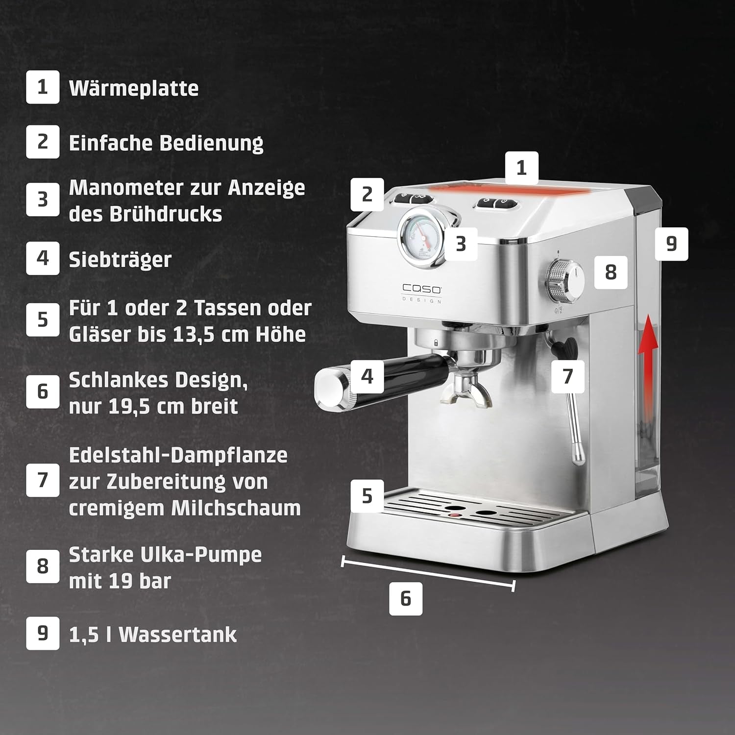 Caso Espresso Gourmet - Cafetera Espresso con Portafiltro de Acero Inoxidable, Potente Bomba Ulka de 19 Bares, con Espumador de Leche, para Café Molido o Cápsulas de Café ESE, para 2 Tazas, con Calentador de Tazas