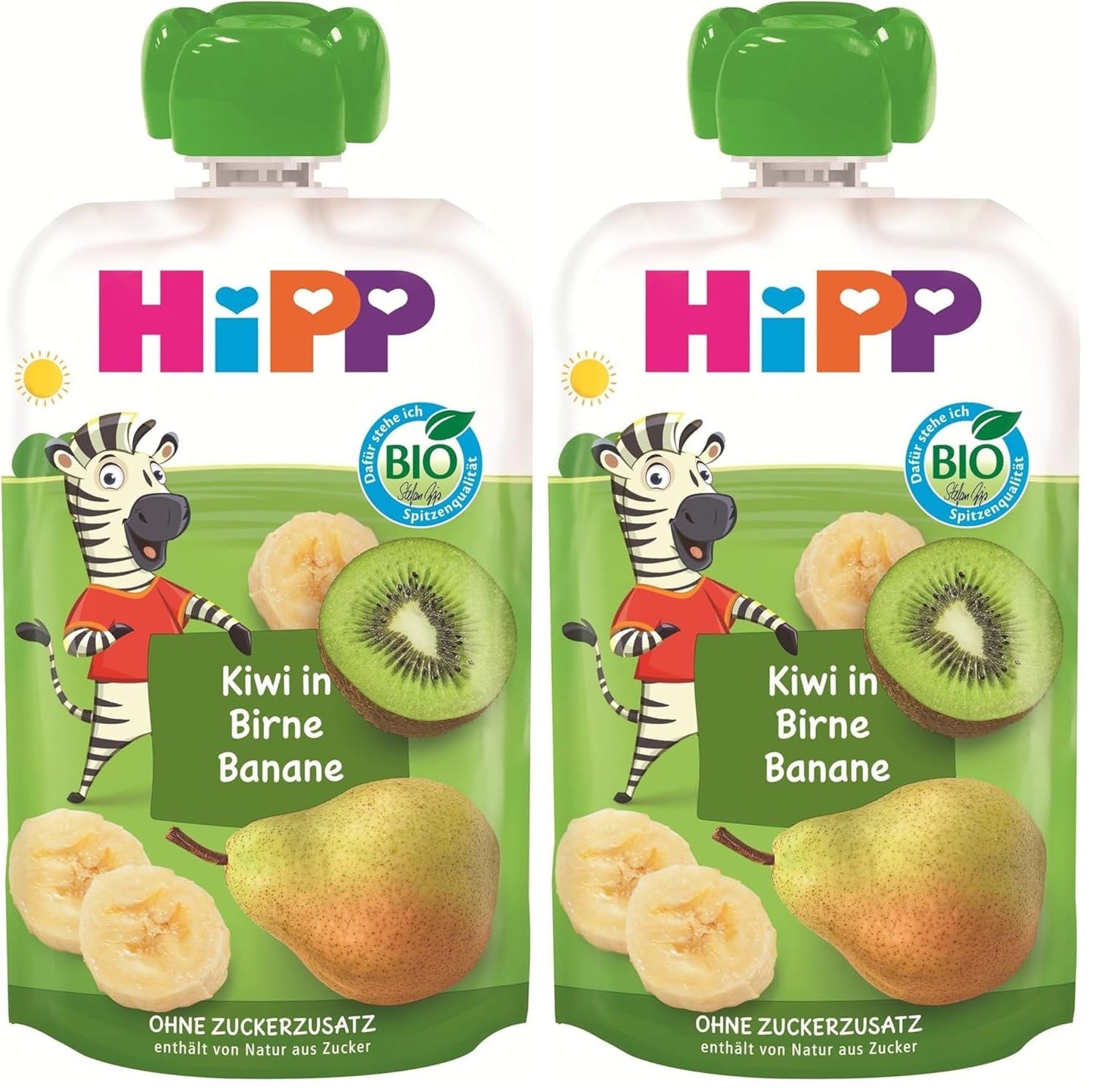 HiPP Bio Quetschie Kiwi en Birne-Banana - Charlie Zebra (8 x 100 g), desde 1 año, 100% Fruchtpüree, sin Zuckerzusatz, vegano, en la mejor calidad biológica (Packung mit 2)
