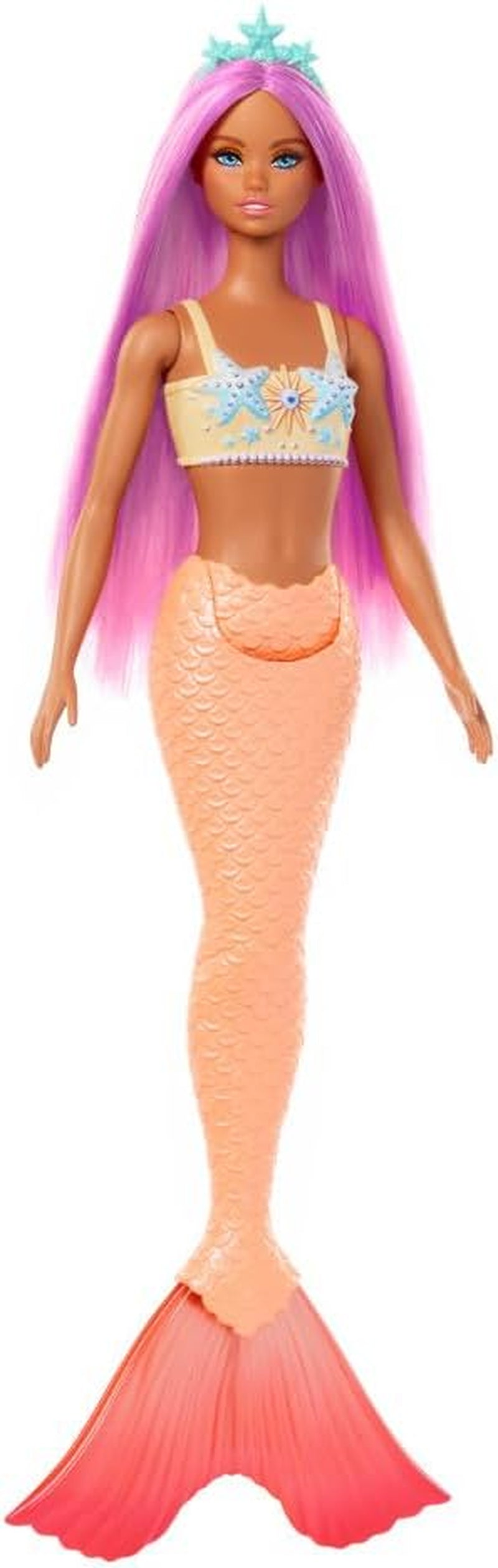 Muñeca Barbie Sirena con elegante cabello rosa y diadema, muñeca con cabeza de estrella de mar y aleta de cola naranja suave, HRR05