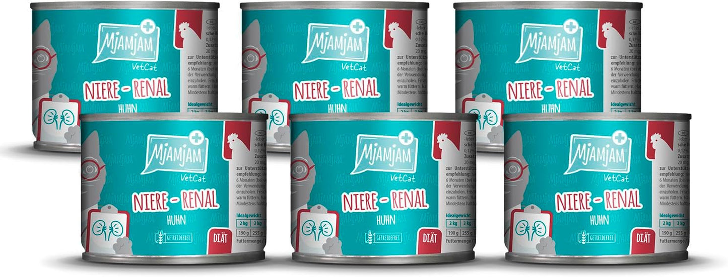 MjAMjAM VetCat - Comida húmeda premium para gatos - Dietético - Riñón - Pollo, paquete de 6 (6 x 200 g), sin cereales