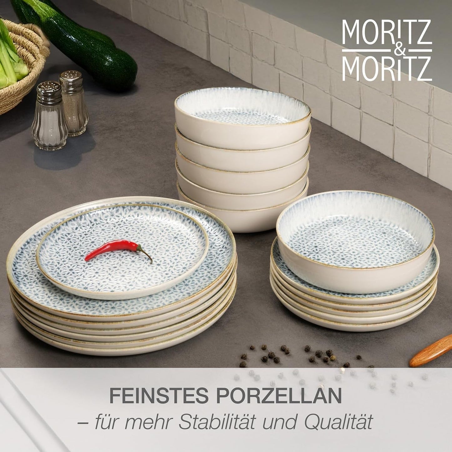Moritz & Moritz ALHAMBRA Vajilla para 6, 18 piezas, Porcelana de Alta Calidad - Vajilla Moderna Azul - Juego de Fácil Cuidado que Incluye 6 Platos Llanos, 6 Platos de Postre y 6 Cuencos
