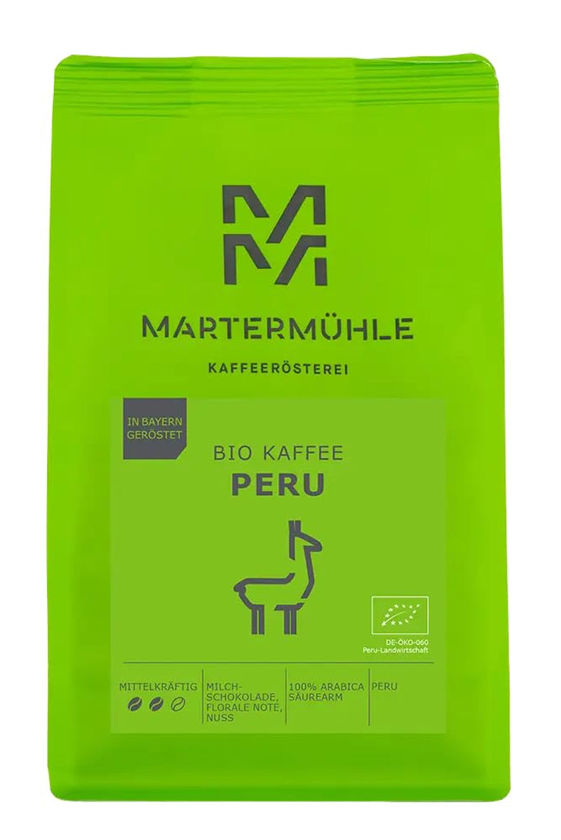 Martermühle Peru Bio Kaffeebohnen 1kg mittelkräftig I Arábica I Aroma: Chocolate con leche, Notas florales, Nueces I Ganze Bio Kaffee-Bohnen schonend geröstet, säurearm