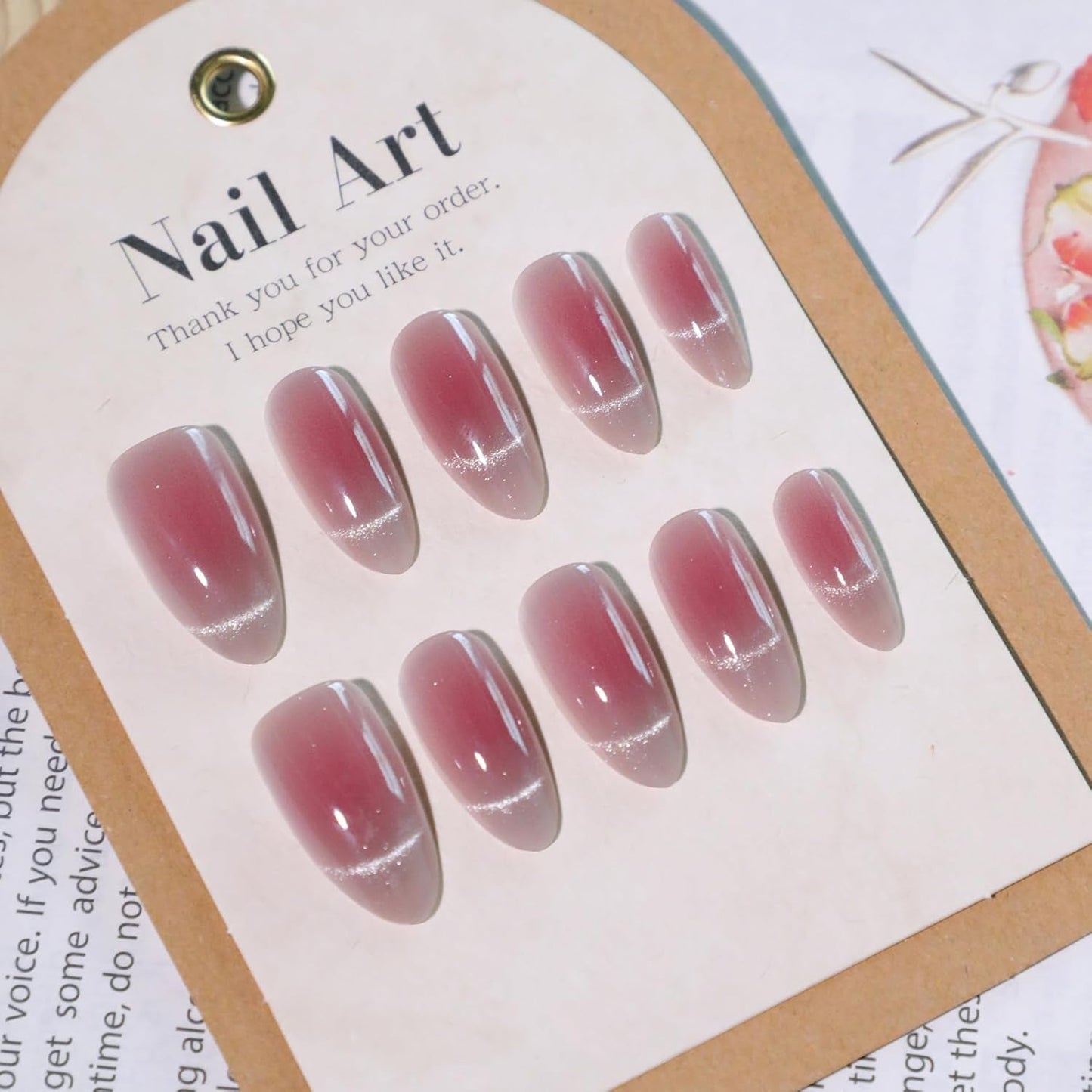 Moonglow Uñas Postizas Magnéticas Cortas, Rosa Almendra Rojo Degradado Brillo Ojo de Gato con Pegamento, Rosa Rojo Ombre Brillo Fototerapia Uñas Artificiales para Mujeres y Niñas