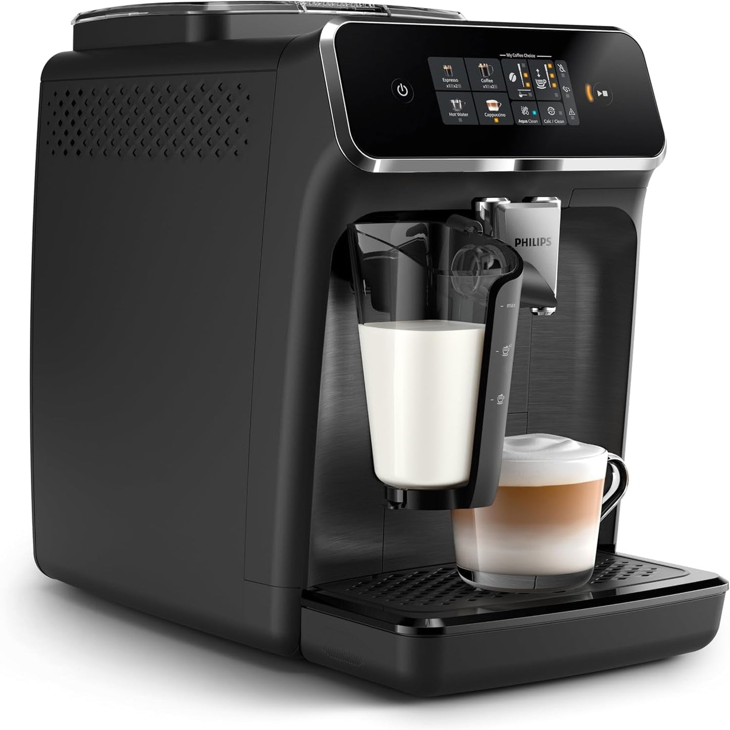 Cafetera espresso automática PHILIPS serie 2300 - 4 bebidas, moderna pantalla táctil a color, sistema de preparación de leche LatteGo, SilentBrew, molinillo 100% cerámico, filtro AquaClean. Negro mate (EP2330/10)