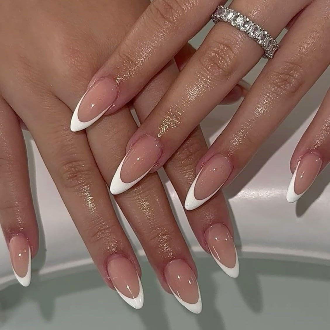 Puntas francesas largas, pegamento con purpurina dorada en uñas cuadradas largas, juego de uñas postizas con punta francesa y purpurina, uñas artificiales cuadradas para mujer, 24 Uds.
